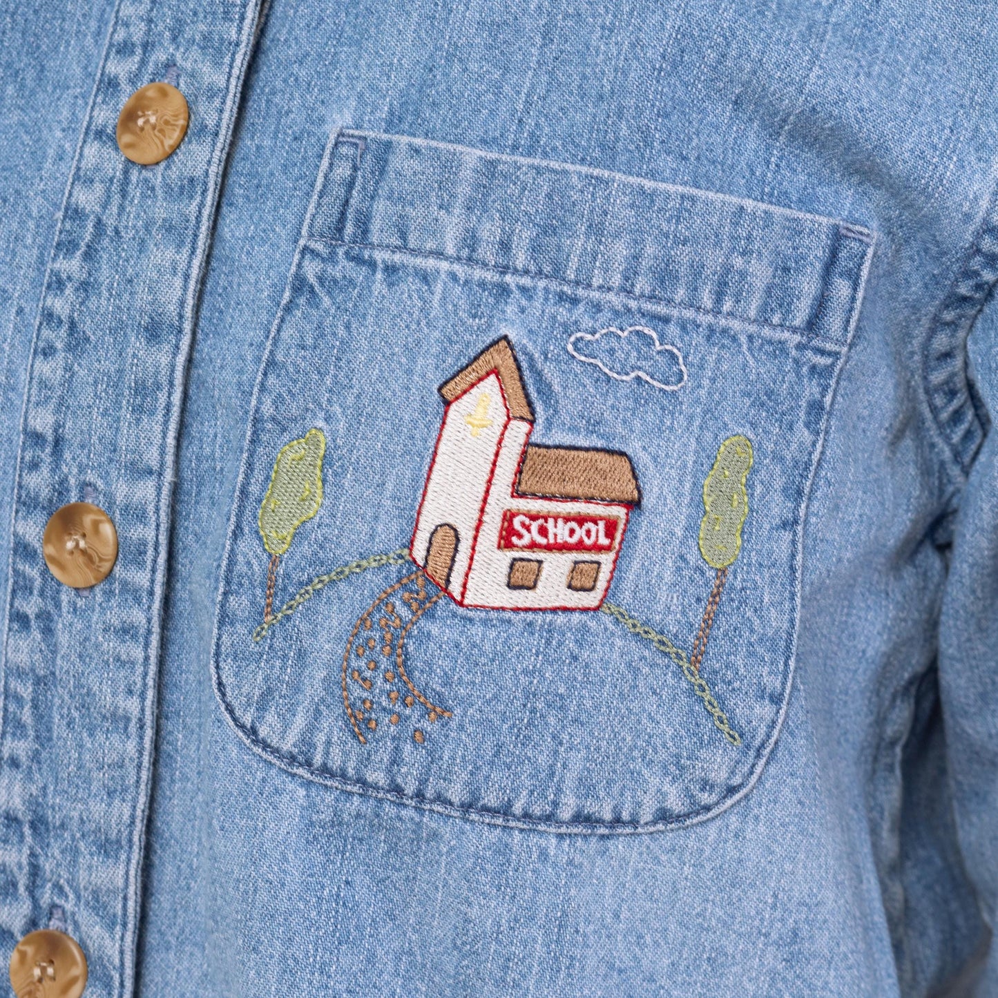 Vintage Y2K School Patch Chambray Shirt - Small | Novelty Button Up Long Sleeve Denim Top