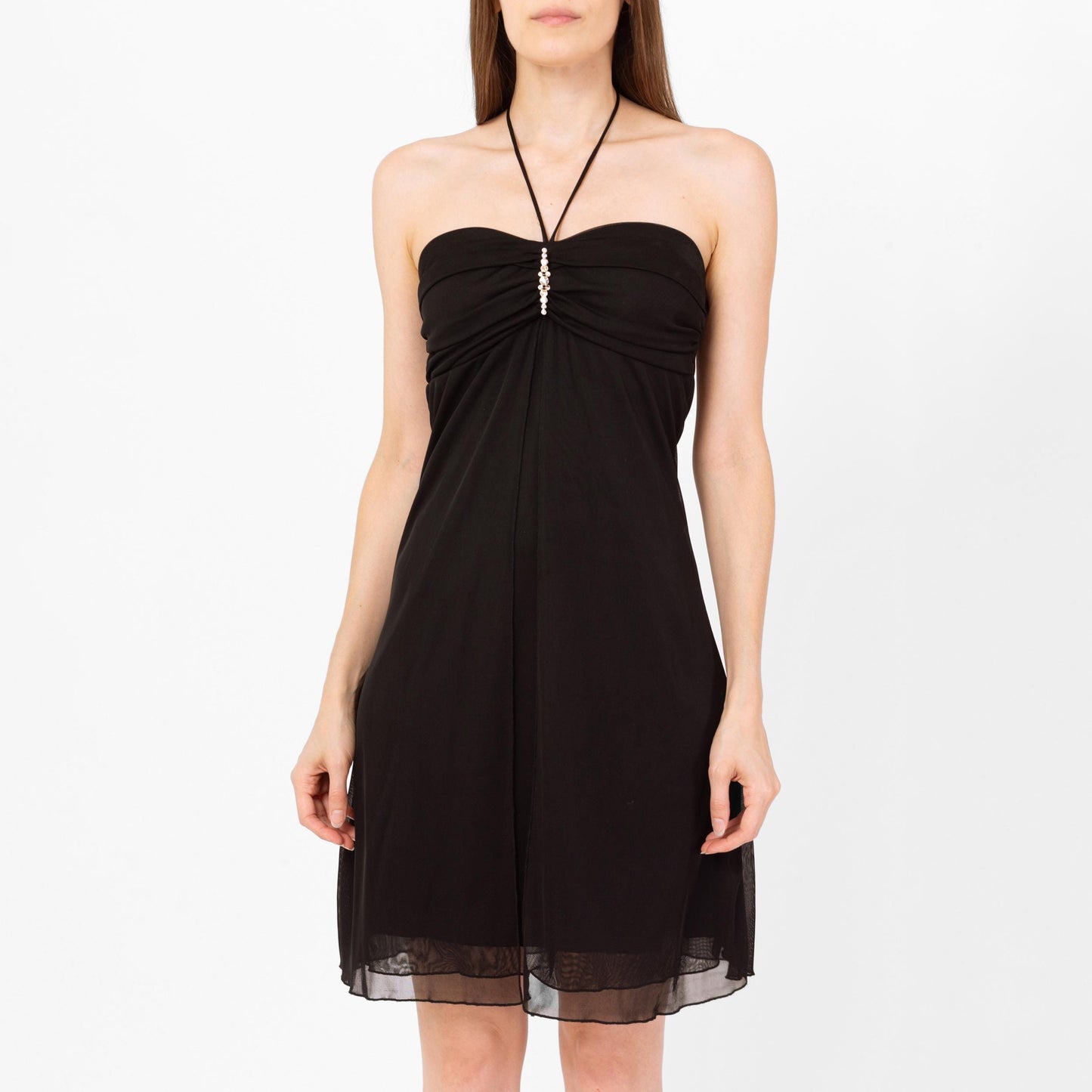 Vintage Y2K Black Jeweled Halter Party Dress - Medium | Ruched Bodice Strapless Mini Slip Dress