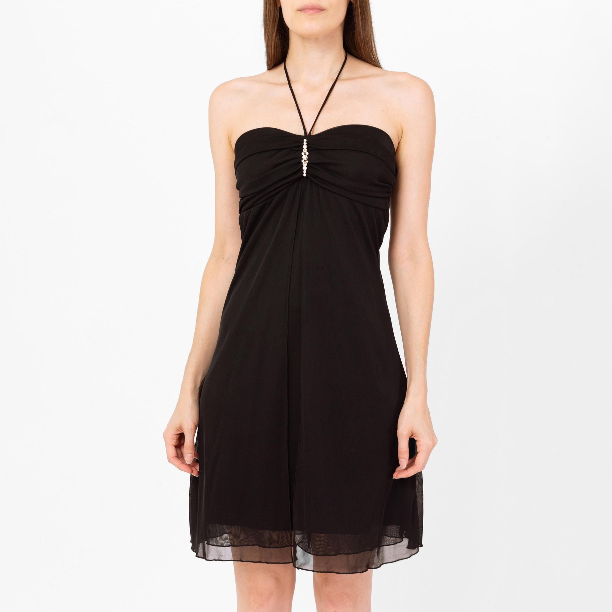 Vintage Y2K Black Jeweled Halter Party Dress - Medium | Ruched Bodice Strapless Mini Slip Dress