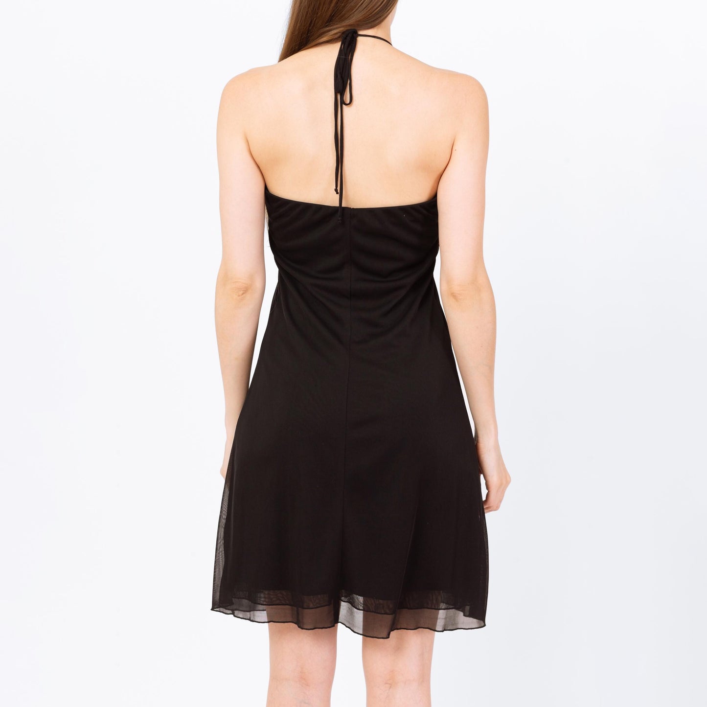 Vintage Y2K Black Jeweled Halter Party Dress - Medium | Ruched Bodice Strapless Mini Slip Dress