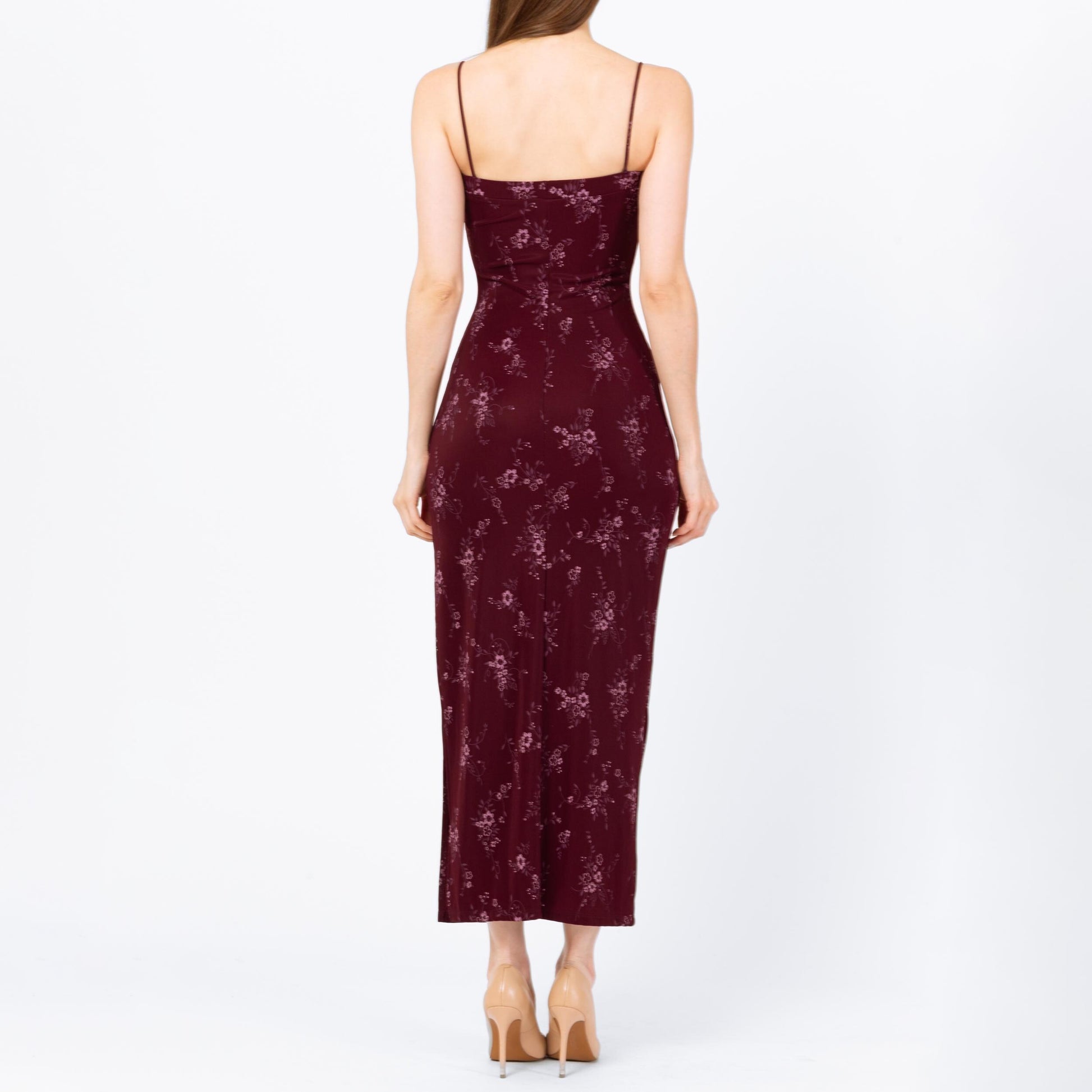 Vintage 90s Wine Red Floral Bodycon Maxi Dress - Extra Small | Spaghetti Strap Square Neck High Thigh Slit Slinky Sexy Formal Gown