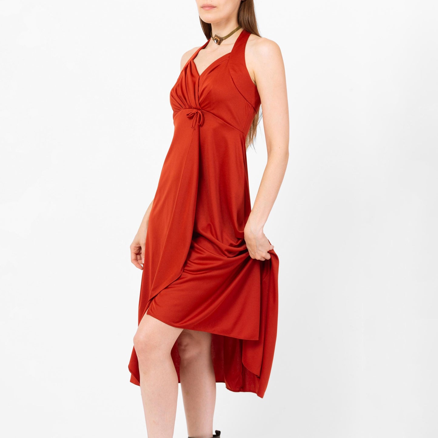 Vintage 70s Burnt Orange Grecian Midi Dress - Extra Small | Sleeveless Halter Neck Racerback Boho Wrap Party Dress, Wedding Guest Dress