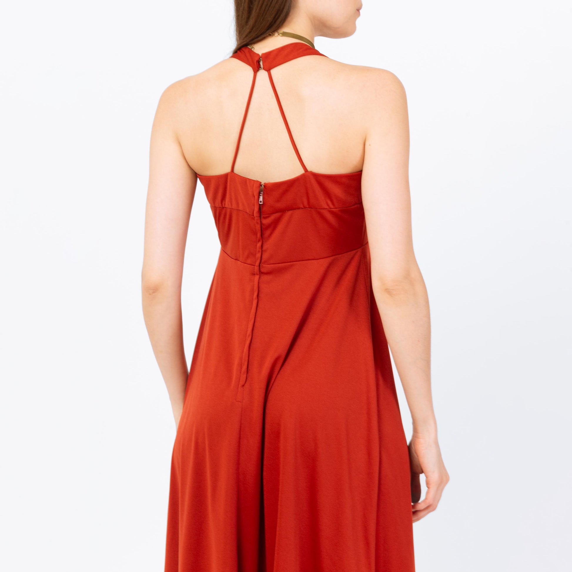 Vintage 70s Burnt Orange Grecian Midi Dress - Extra Small | Sleeveless Halter Neck Racerback Boho Wrap Party Dress, Wedding Guest Dress