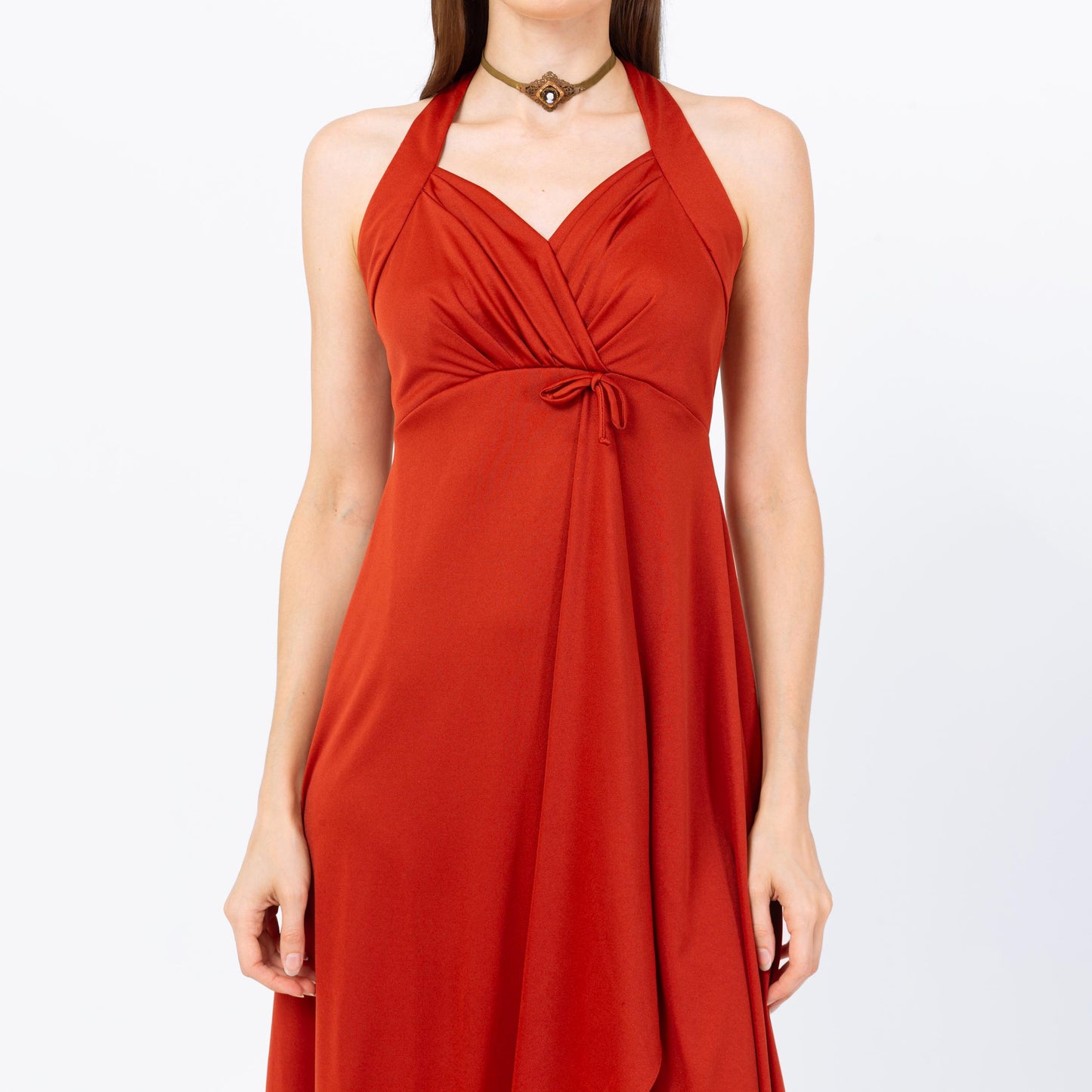 Vintage 70s Burnt Orange Grecian Midi Dress - Extra Small | Sleeveless Halter Neck Racerback Boho Wrap Party Dress, Wedding Guest Dress