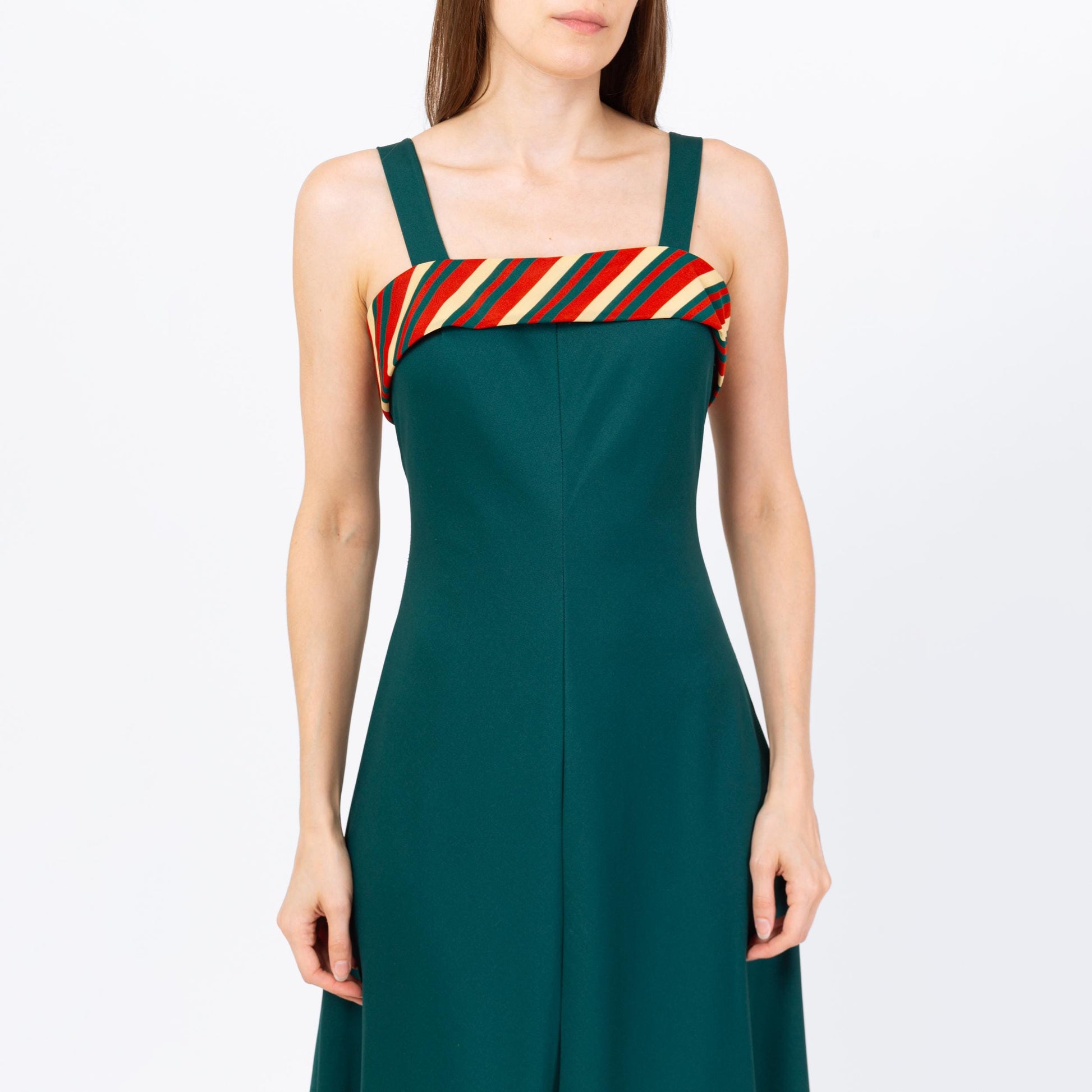 Vintage 70s Emerald Green Striped Square Neck Gown Small