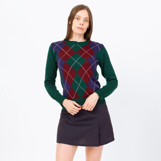 Vintage 80s Green Argyle Knit Sweater - Small | Preppy Pullover Jumper, Dark Academia Retro Knitwear