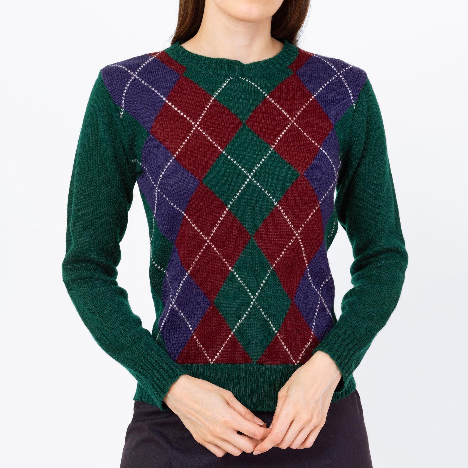 Vintage 80s Green Argyle Knit Sweater - Small | Preppy Pullover Jumper, Dark Academia Retro Knitwear