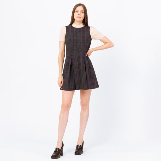 Vintage 80s Plaid Pinafore Schoolgirl Mini Dress - Petite Extra Small | Grunge Sleeveless Drop Waist School Uniform Dress