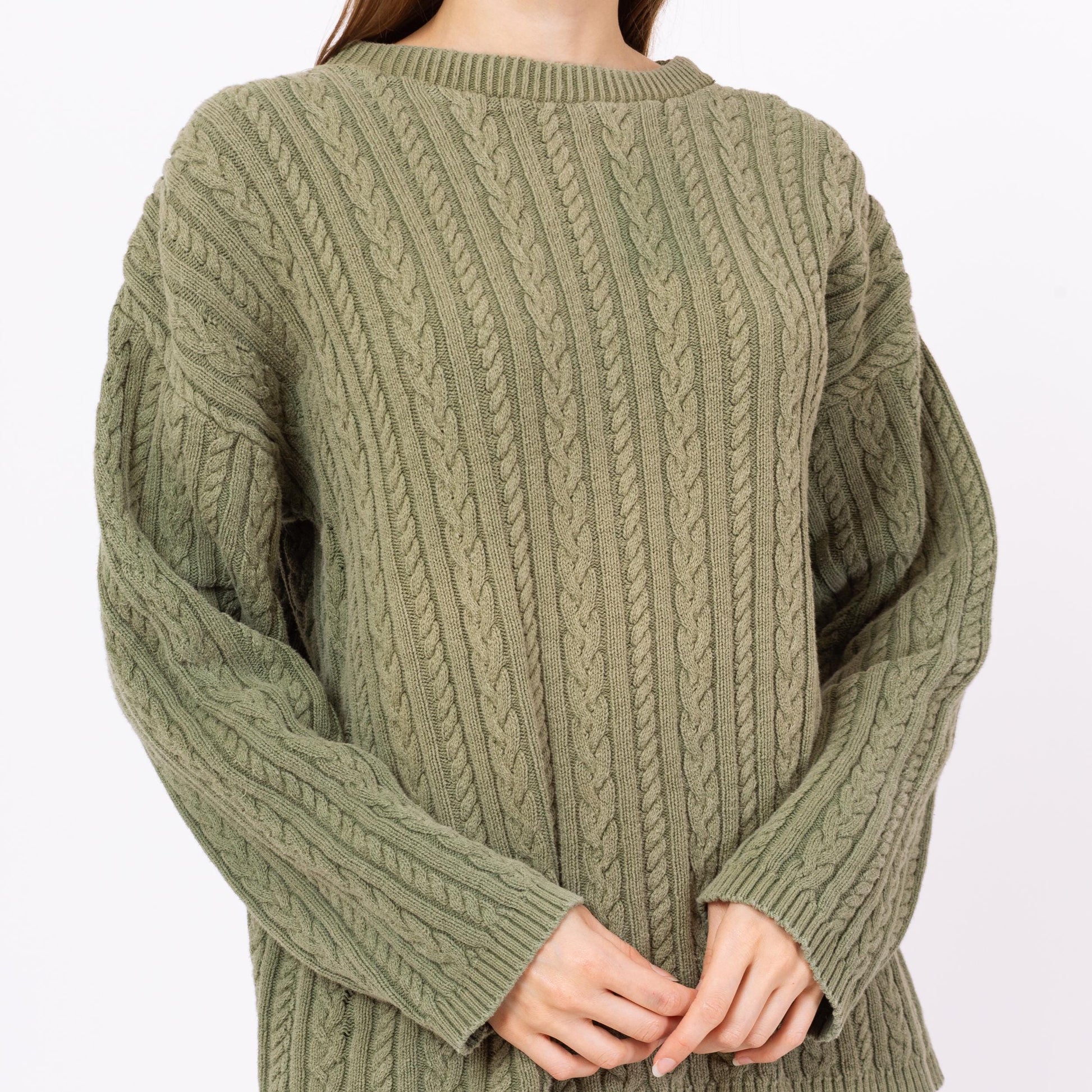 Vintage 90s Sage Green Cable Knit Sweater - Men's Medium, Women's Large | Cotton Crew Neck Slouchy Fisherman Pullover