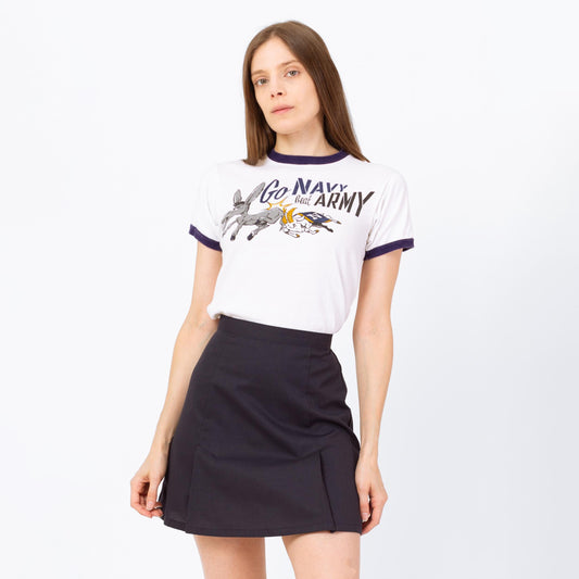 Vintage 70s "Go Navy Beat Army" Ringer T Shirt - Extra Small | College Football Military Cartoon Graphic Champion Tee