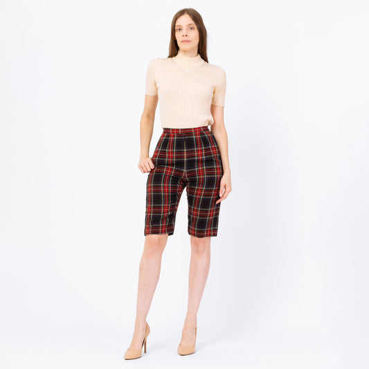 Vintage 60s Red & Black Tartan Plaid Knee Length Shorts - Extra Small, 24" Waist | Retro Fitted Wool Bermuda Shorts