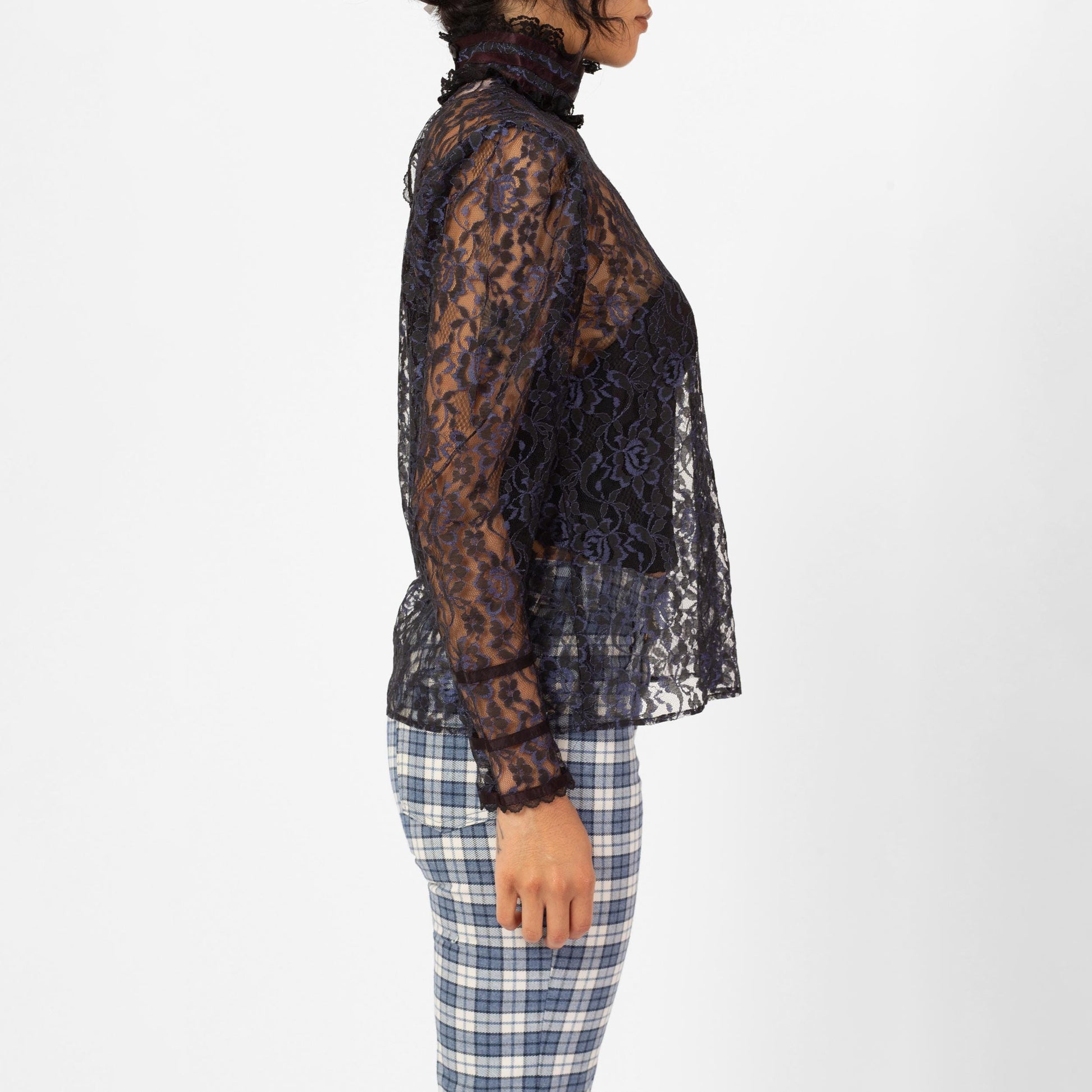 Vintage 80s Gunne Sax Gothic Victorian Sheer Lace Blouse - Medium | Midnight Blue Puff Sleeve Mockneck Shirt, Romantic Witchy Top