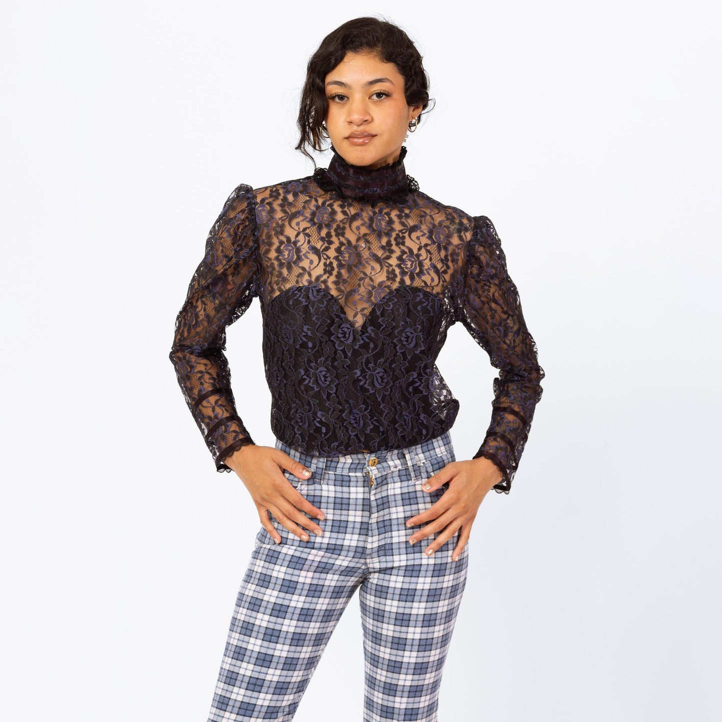 Vintage 80s Gunne Sax Gothic Victorian Sheer Lace Blouse - Medium | Midnight Blue Puff Sleeve Mockneck Shirt, Romantic Witchy Top