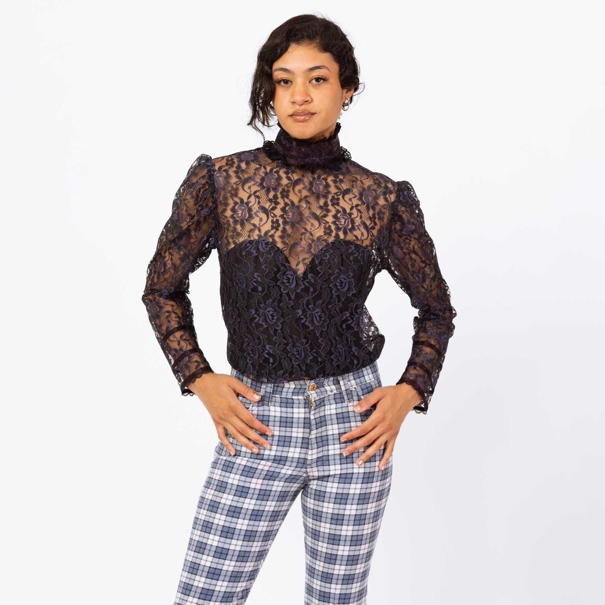 Vintage 80s Gunne Sax Gothic Victorian Sheer Lace Blouse - Medium | Midnight Blue Puff Sleeve Mockneck Shirt, Romantic Witchy Top