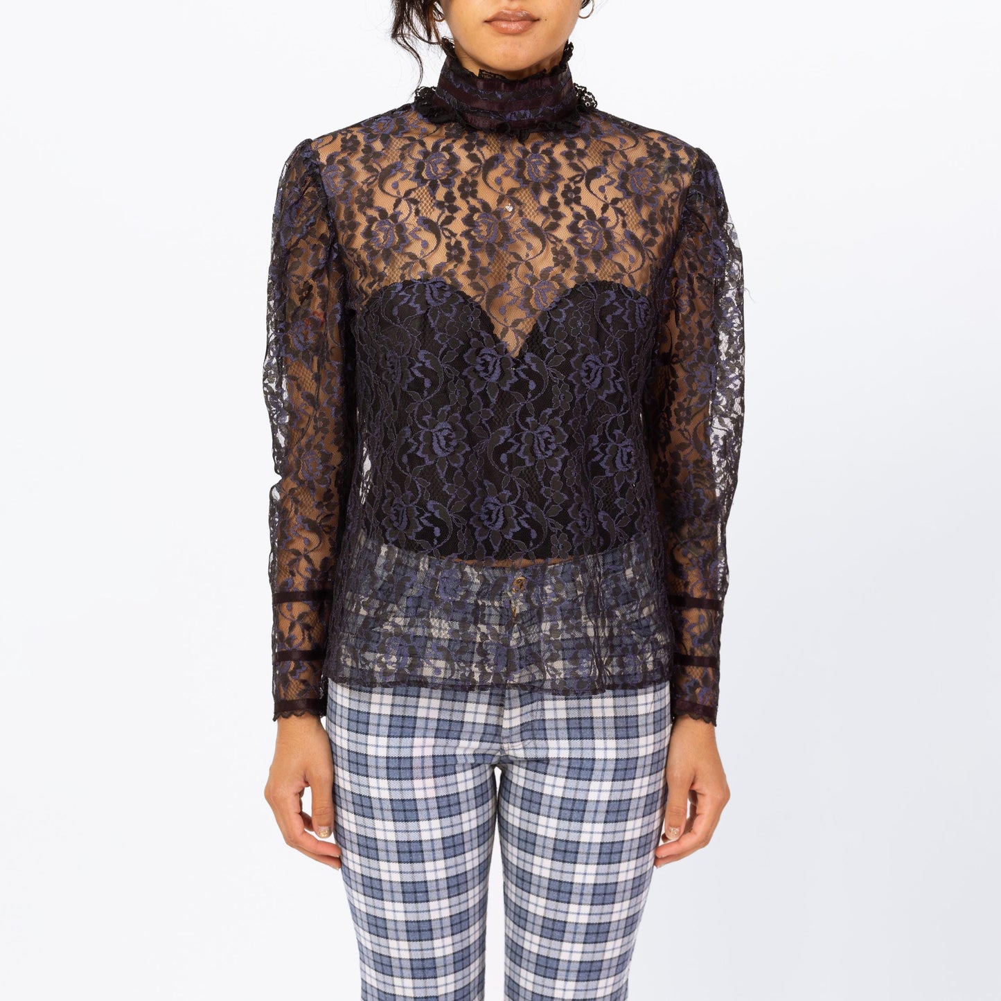 Vintage 80s Gunne Sax Gothic Victorian Sheer Lace Blouse - Medium | Midnight Blue Puff Sleeve Mockneck Shirt, Romantic Witchy Top
