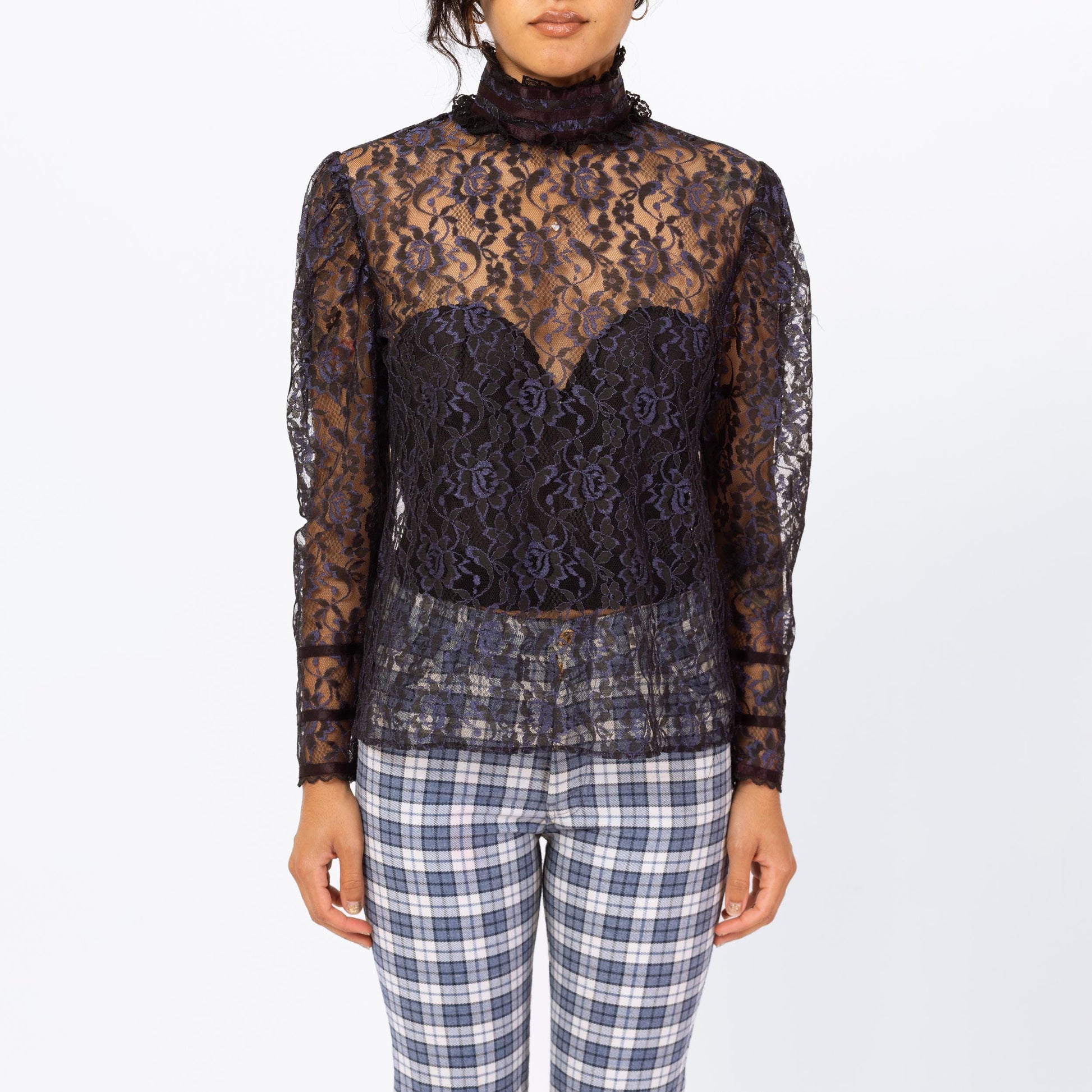 Vintage 80s Gunne Sax Gothic Victorian Sheer Lace Blouse - Medium | Midnight Blue Puff Sleeve Mockneck Shirt, Romantic Witchy Top