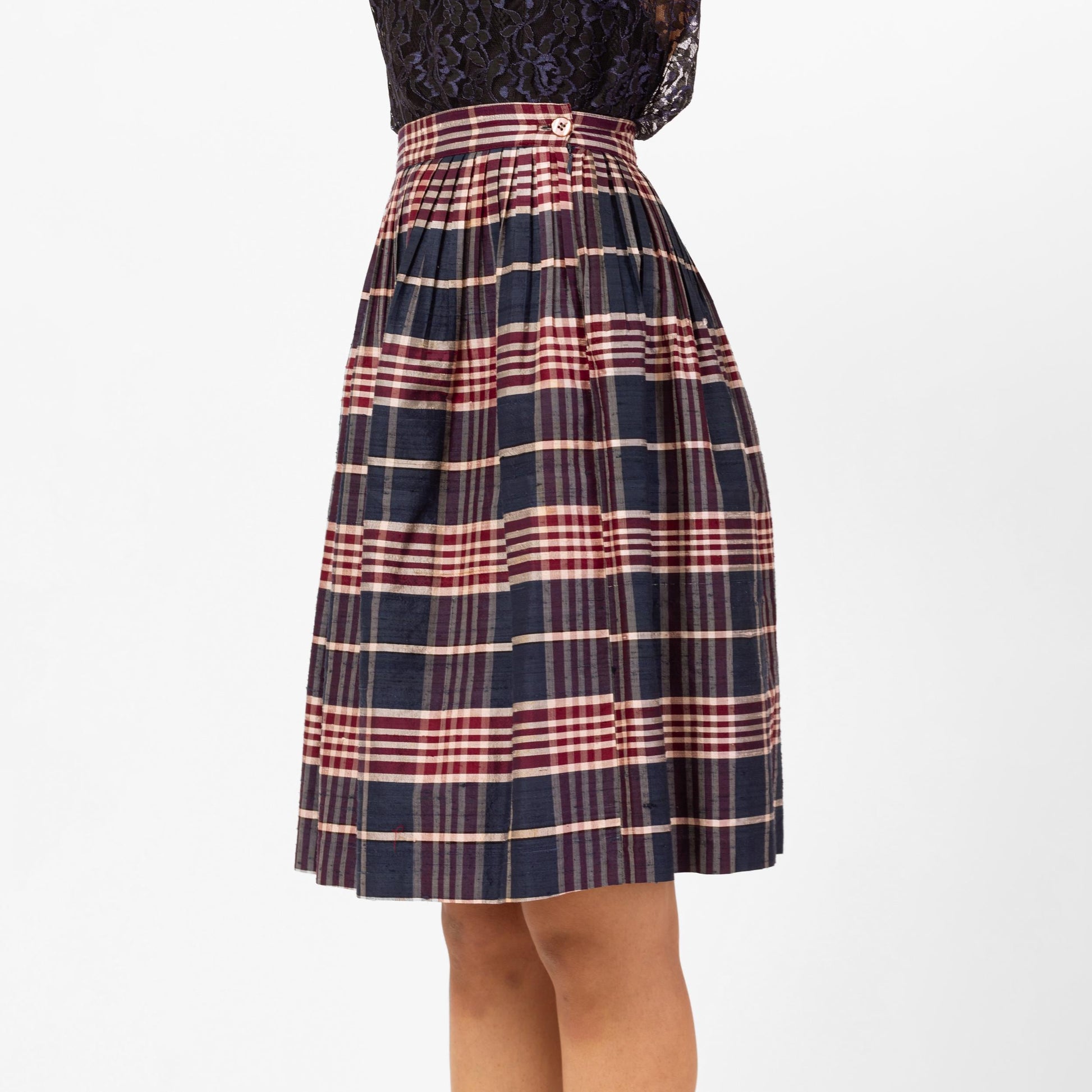 Vintage 80s Navy Blue & Red Plaid Pleated Skirt - Extra Small, 24" Waist | Dark Academia High Waisted A-Line Knee Length Mini Skirt