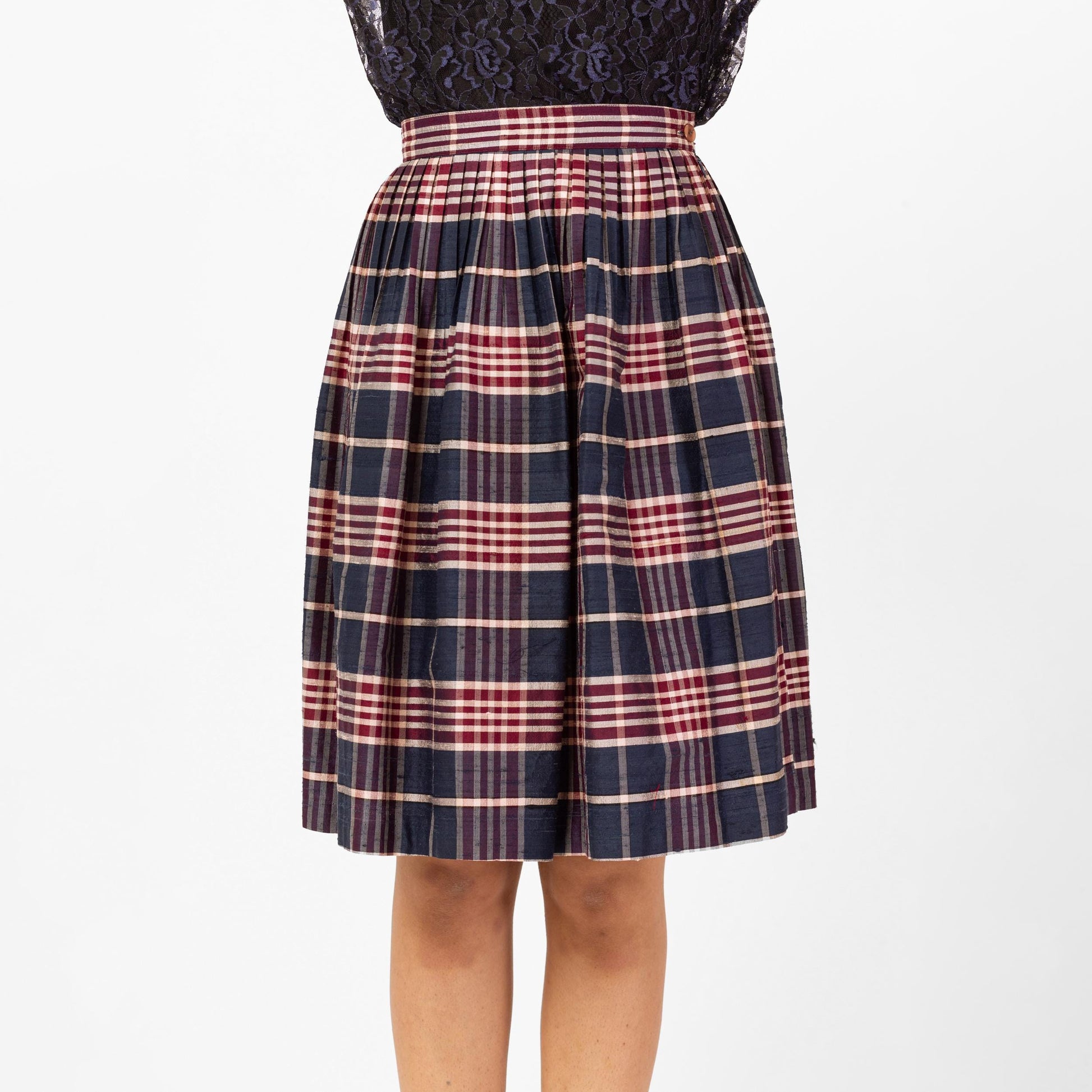 Vintage 80s Navy Blue & Red Plaid Pleated Skirt - Extra Small, 24" Waist | Dark Academia High Waisted A-Line Knee Length Mini Skirt
