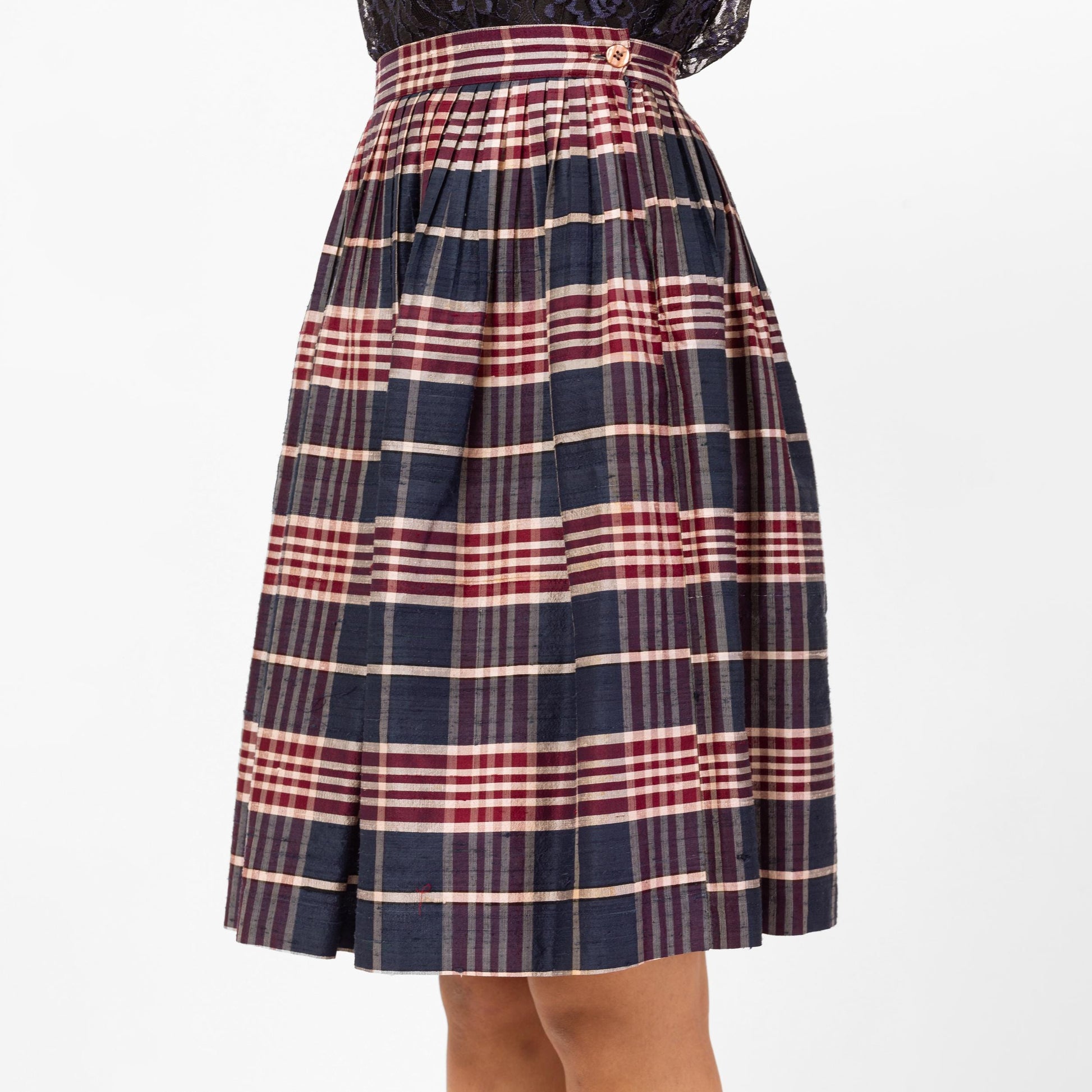 Vintage 80s Navy Blue & Red Plaid Pleated Skirt - Extra Small, 24" Waist | Dark Academia High Waisted A-Line Knee Length Mini Skirt