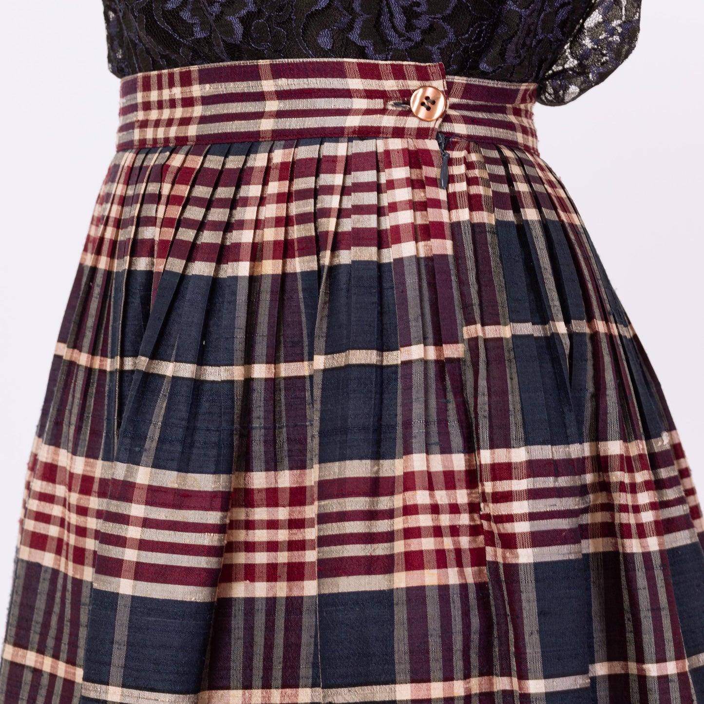 Vintage 80s Navy Blue & Red Plaid Pleated Skirt - Extra Small, 24" Waist | Dark Academia High Waisted A-Line Knee Length Mini Skirt