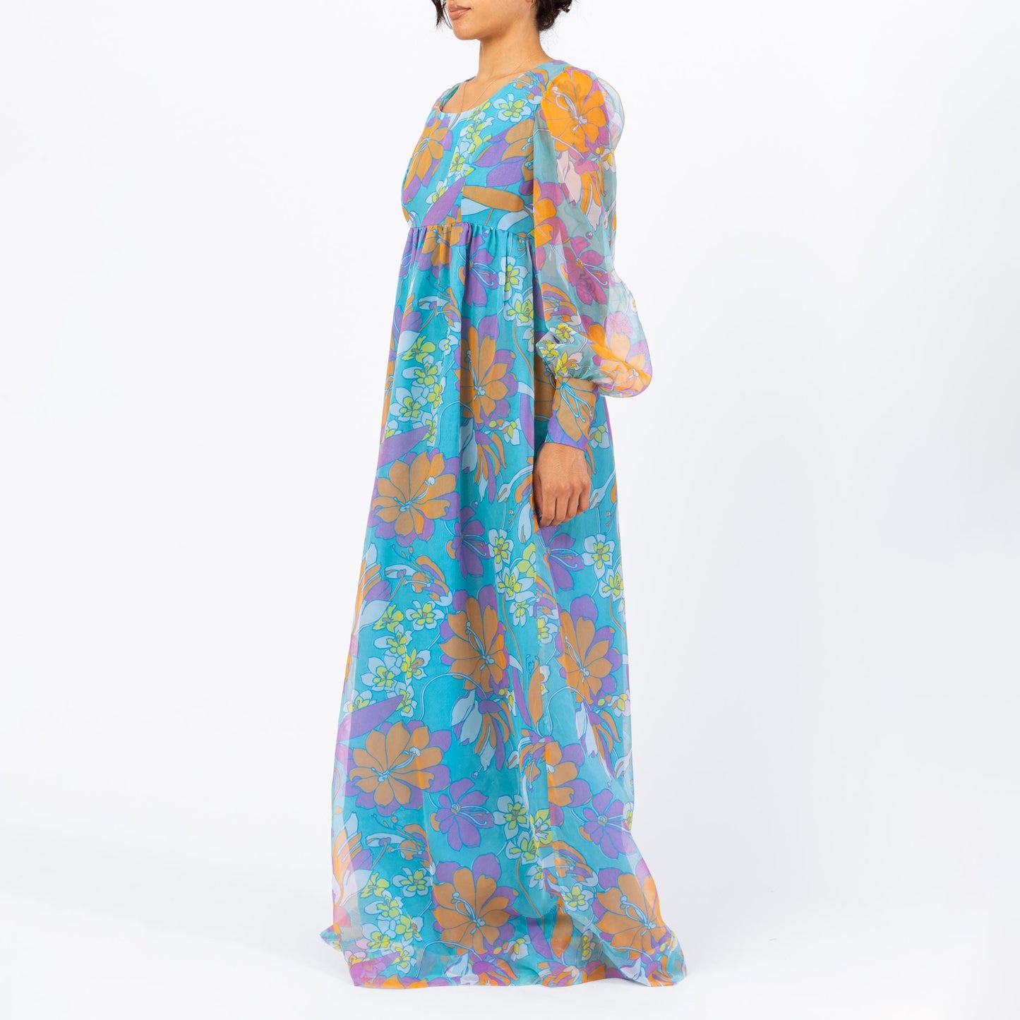Vintage 70s Psychedelic Blue Floral Maxi Dress - Medium | Boho Sheer Chiffon Puff Sleeve Hostess Party Gown
