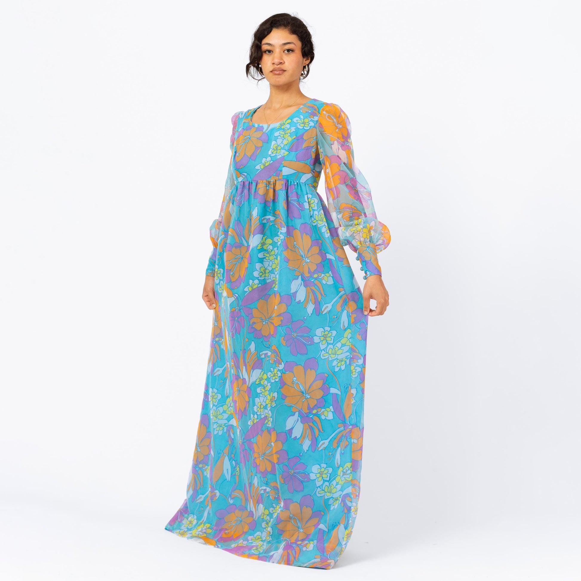 Vintage 70s Psychedelic Blue Floral Maxi Dress - Medium | Boho Sheer Chiffon Puff Sleeve Hostess Party Gown