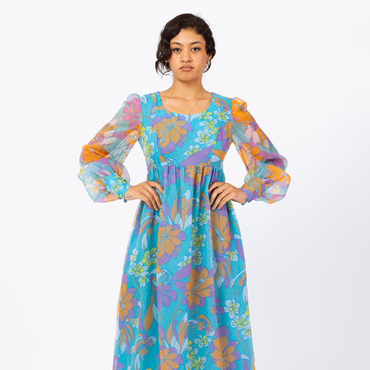 Vintage 70s Psychedelic Blue Floral Maxi Dress - Medium | Boho Sheer Chiffon Puff Sleeve Hostess Party Gown