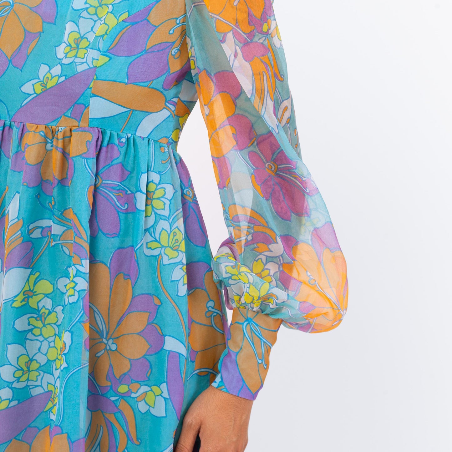 Vintage 70s Psychedelic Blue Floral Maxi Dress - Medium | Boho Sheer Chiffon Puff Sleeve Hostess Party Gown