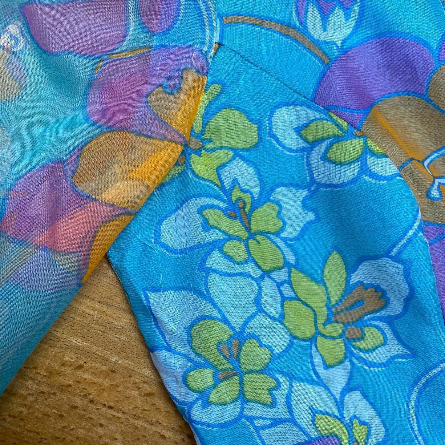 Vintage 70s Psychedelic Blue Floral Maxi Dress - Medium | Boho Sheer Chiffon Puff Sleeve Hostess Party Gown