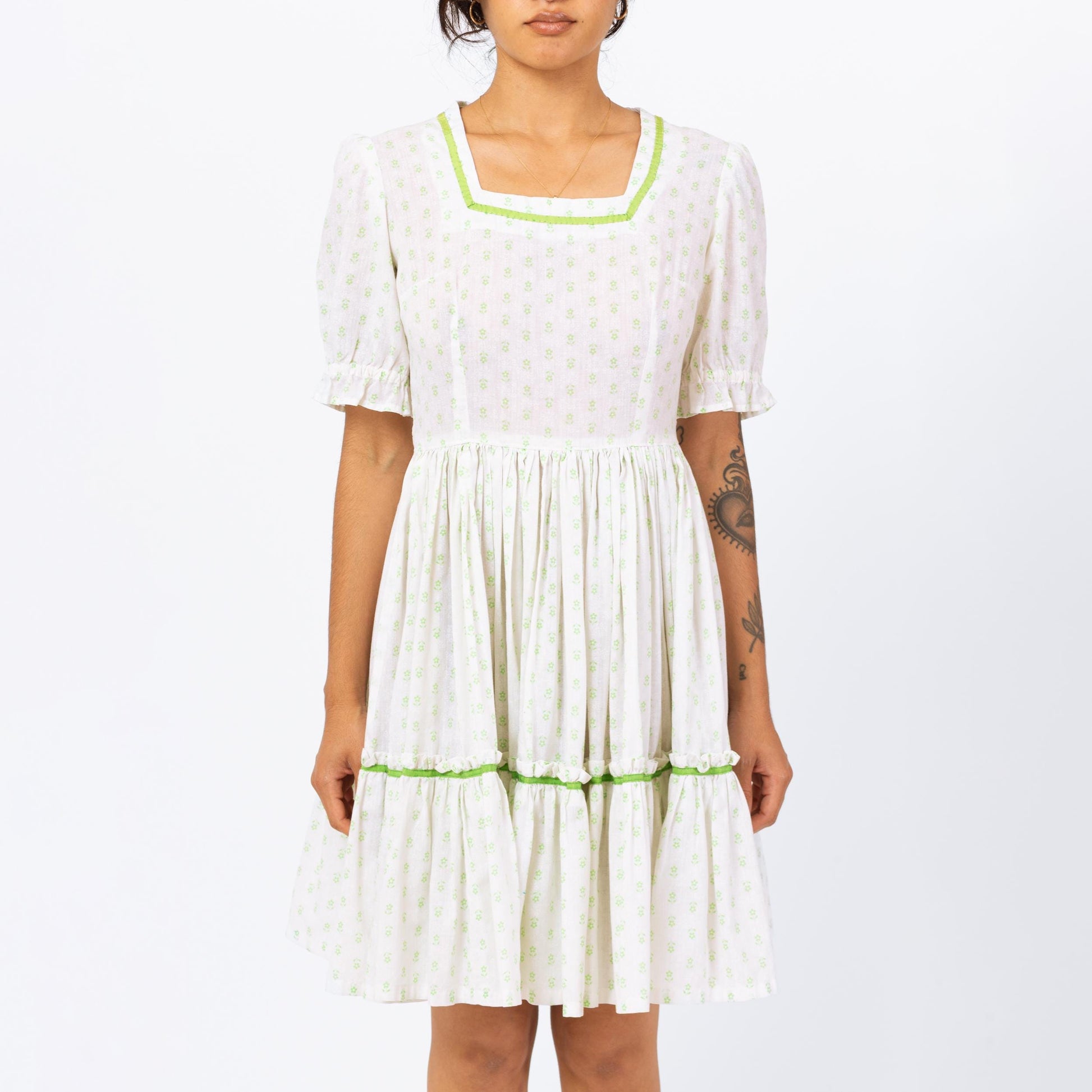 Vintage 70s White & Green Floral Square Dance Mini Dress - Small | Boho Fit Flare Cottagecore Summer Prairie Dress