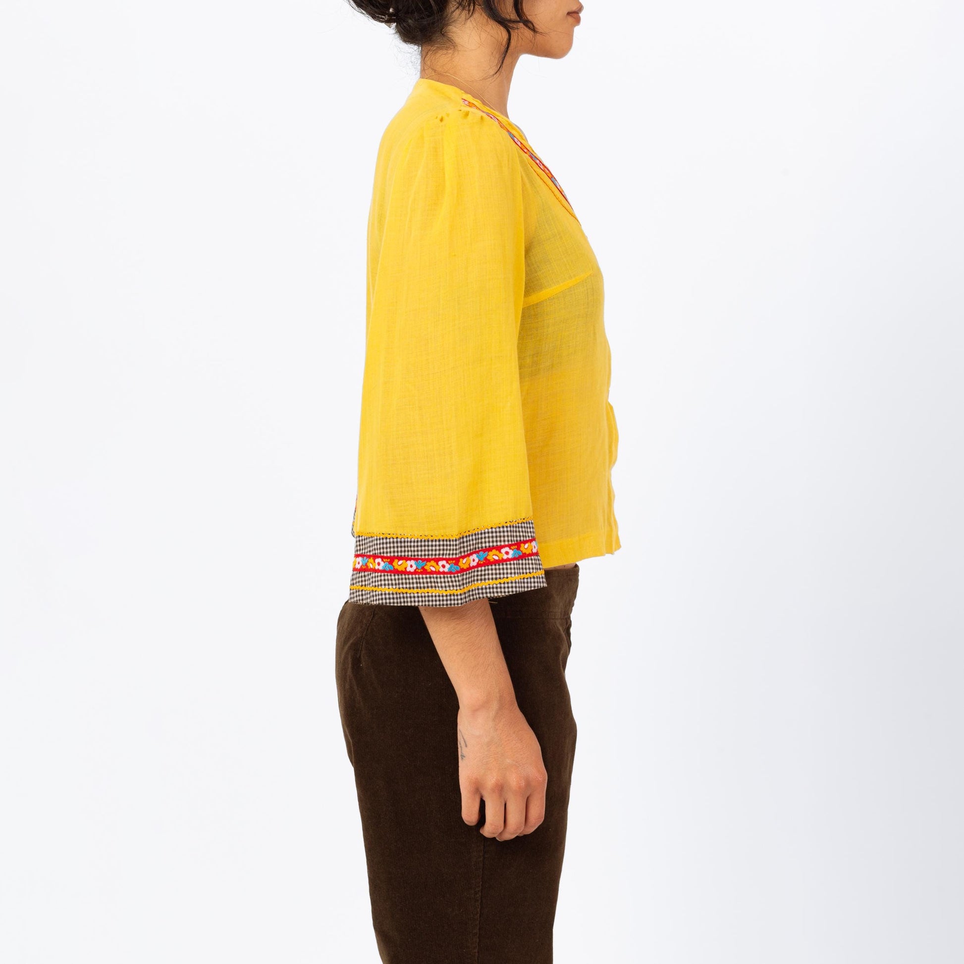Vintage 70s Yellow Bell Sleeve Peasant Blouse - Small | Ricci Paris Boho 3/4 Sleeve Floral Ric Rac Trim Button Up Folk Festival Top