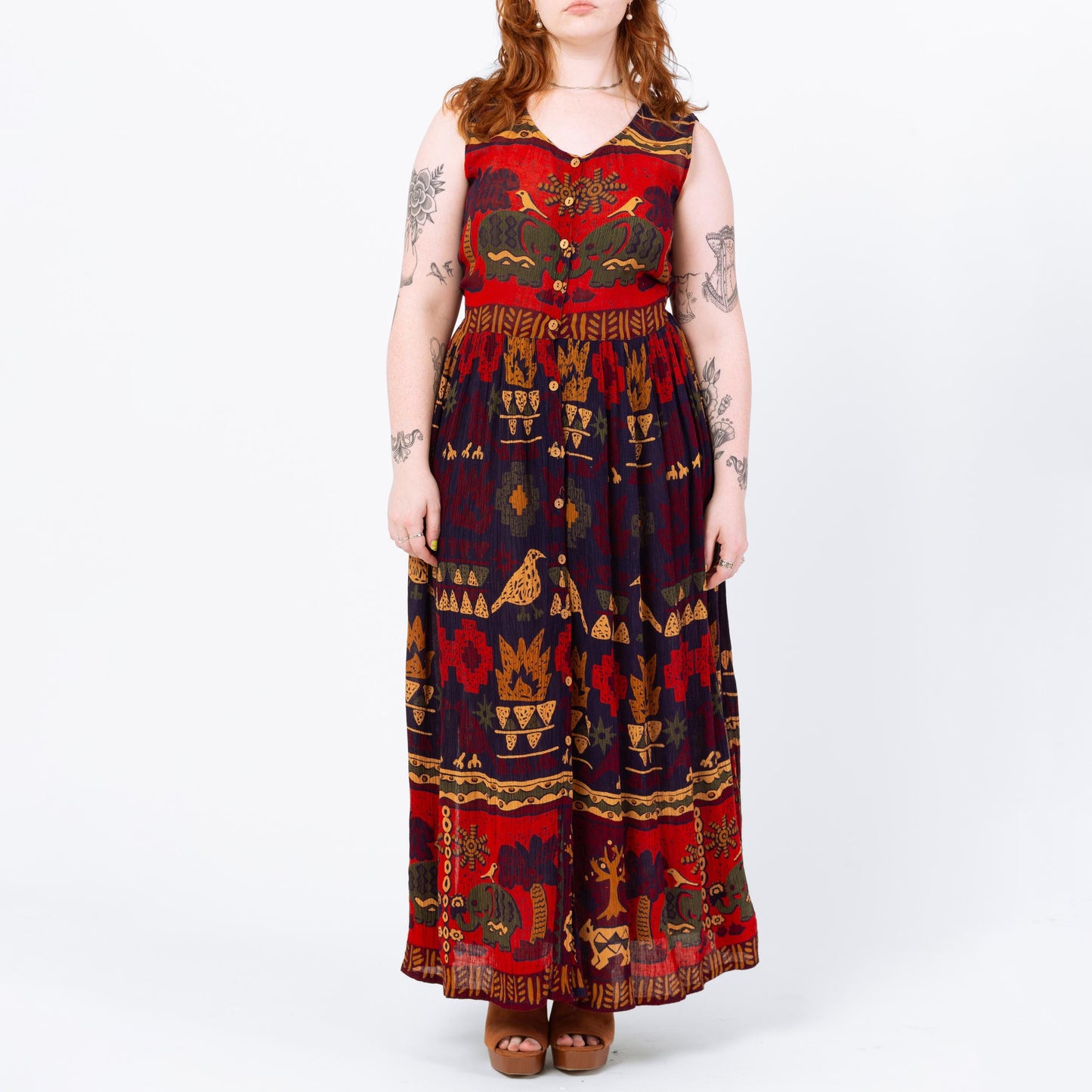 Vintage 90s Boho Elephant & Bird Print Maxi Sundress - Medium | Red Blue Rayon Made In India Sleeveless Tie Back Summer Festival Dress