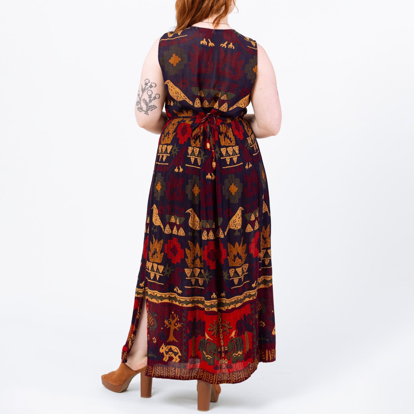 Vintage 90s Boho Elephant & Bird Print Maxi Sundress - Medium | Red Blue Rayon Made In India Sleeveless Tie Back Summer Festival Dress