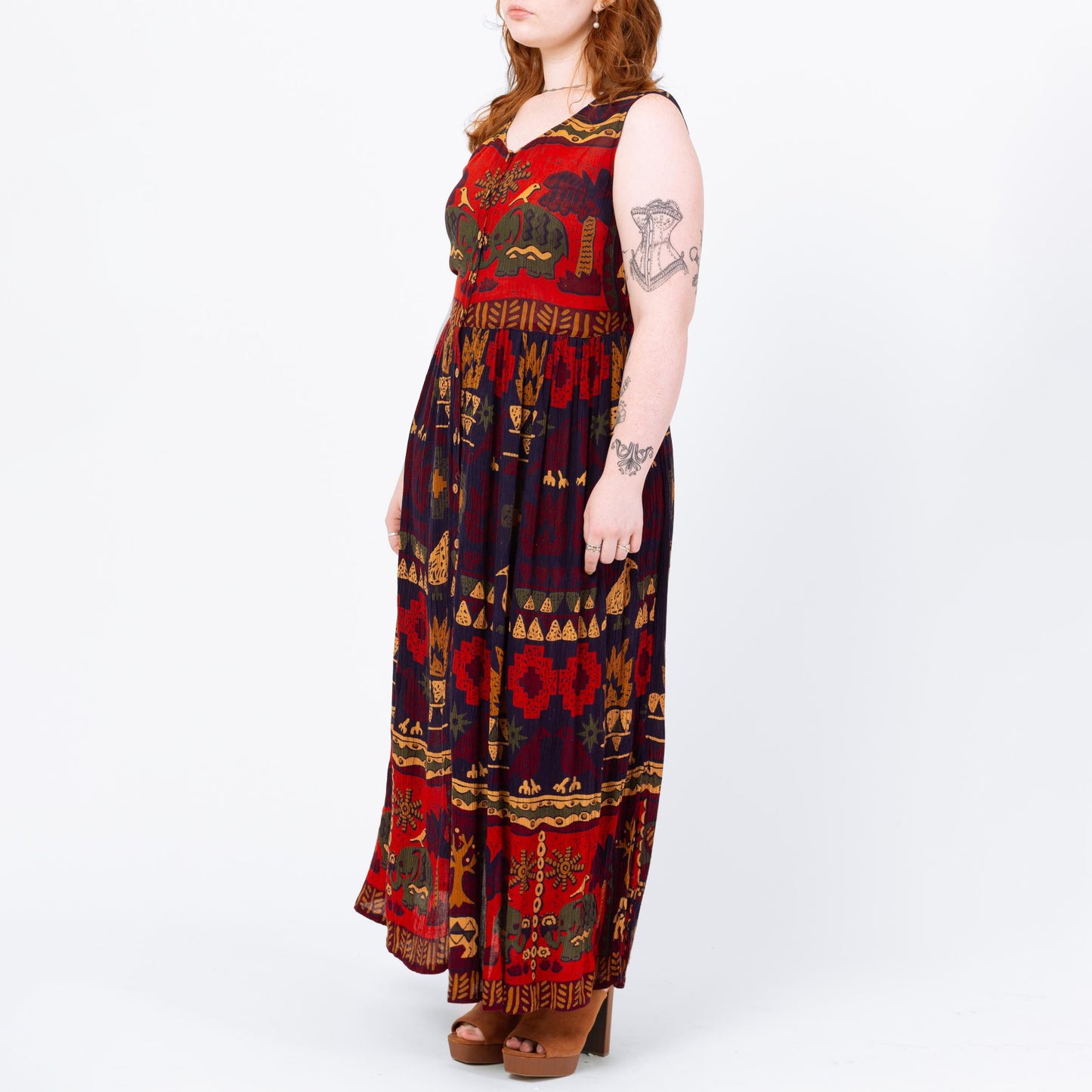 Vintage 90s Boho Elephant & Bird Print Maxi Sundress - Medium | Red Blue Rayon Made In India Sleeveless Tie Back Summer Festival Dress