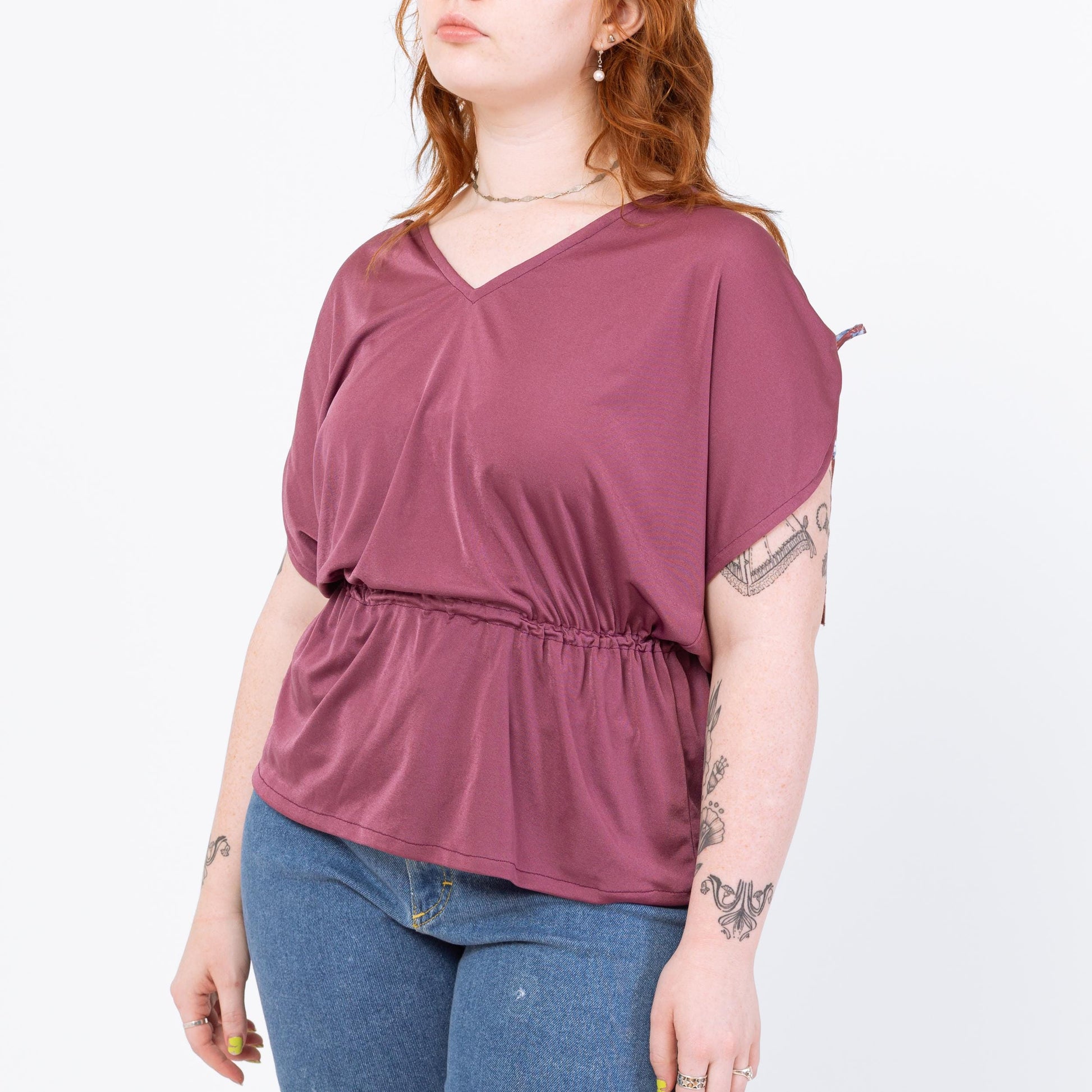 Vintage 70s Dusty Mauve Ruched Cap Sleeve Blouse - Medium | Boho Purple Draped V Neck Fitted Waist Top