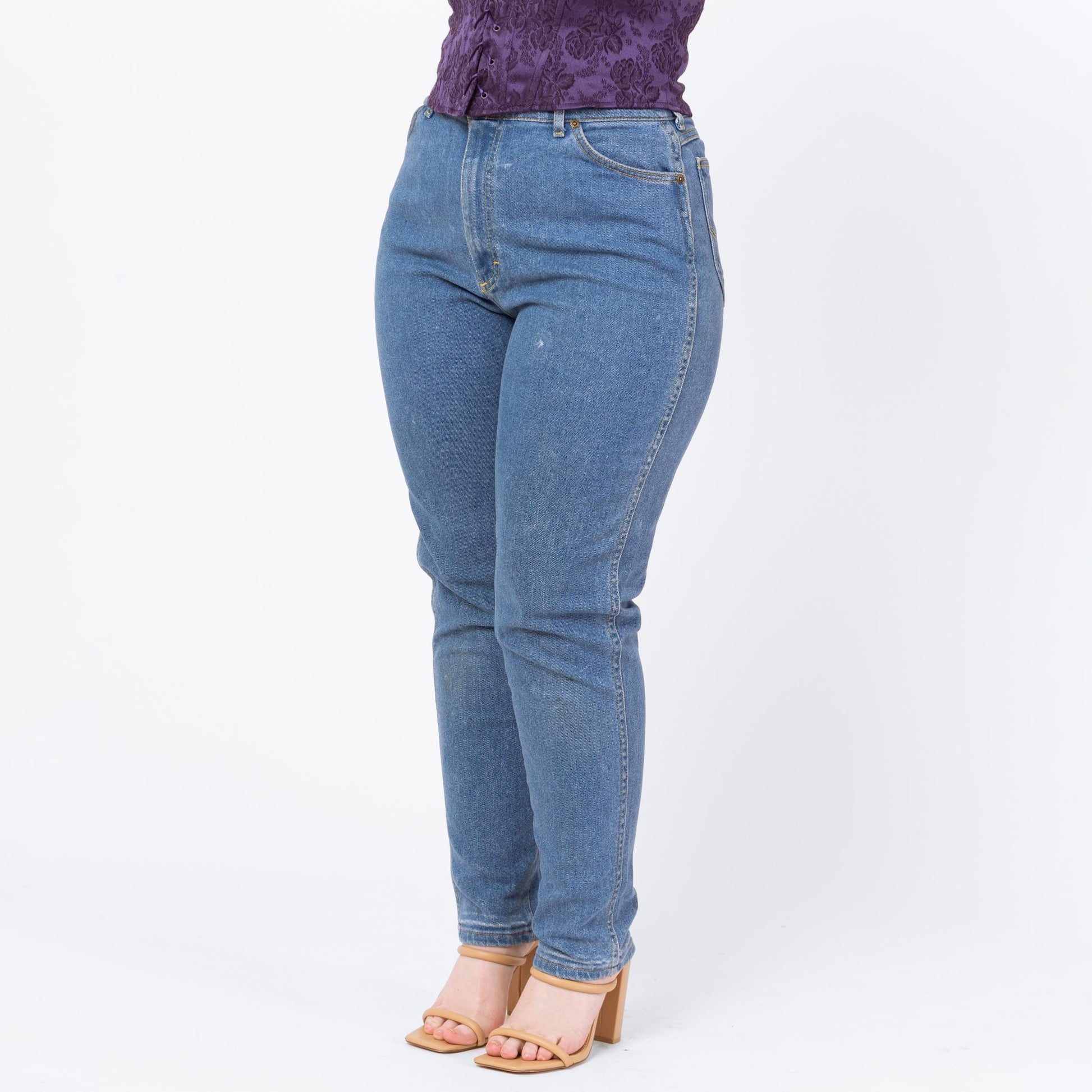 Vintage 80s Lee Riders High Waisted Jeans - Large, 30"-32" Waist | Made In USA Stretch Denim Tapered Leg Mom Jeans