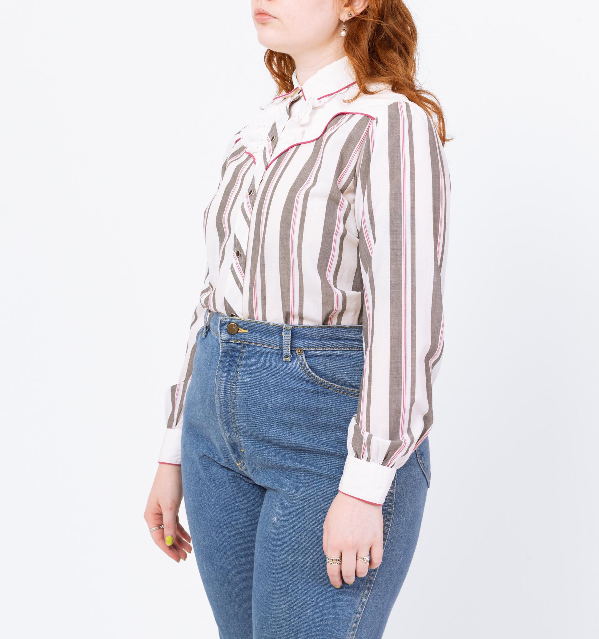 Vintage 80s Western Striped Lace Trim Yoke Shirt - Medium | Kenny Rogers Long Sleeve Pearl Snap Rockabilly Top