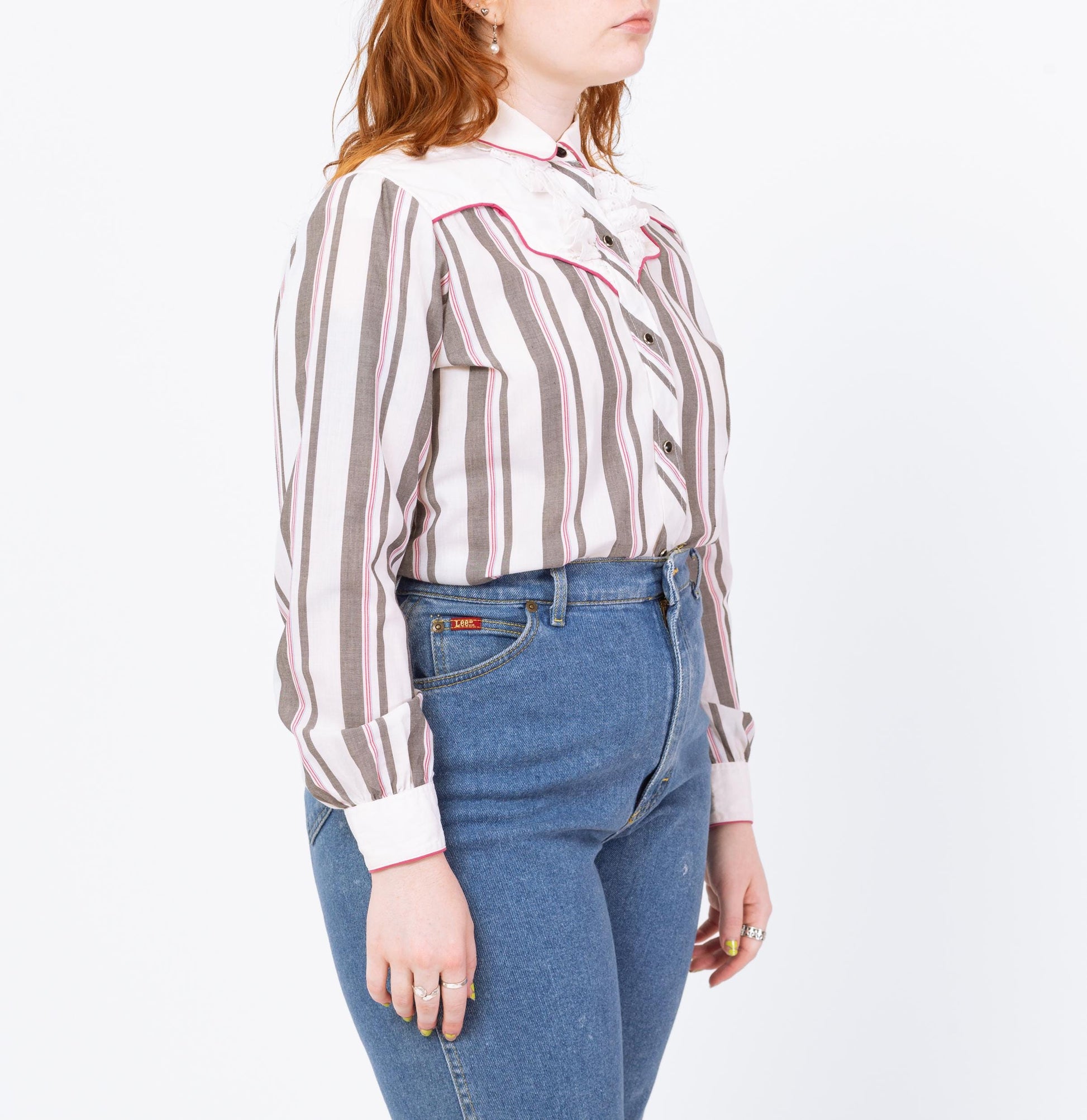 Vintage 80s Western Striped Lace Trim Yoke Shirt - Medium | Kenny Rogers Long Sleeve Pearl Snap Rockabilly Top