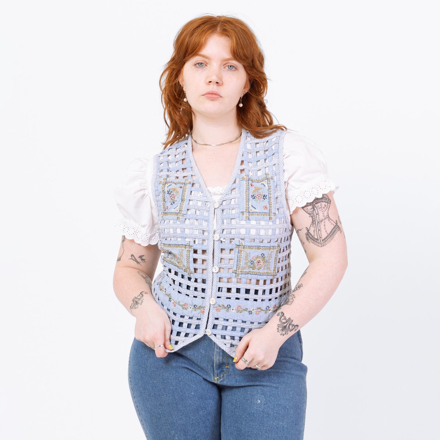 Vintage 90s Chambray Floral Lattice Vest - Medium | Boho Cottagecore Blue Sleeveless Button Up Folk Top