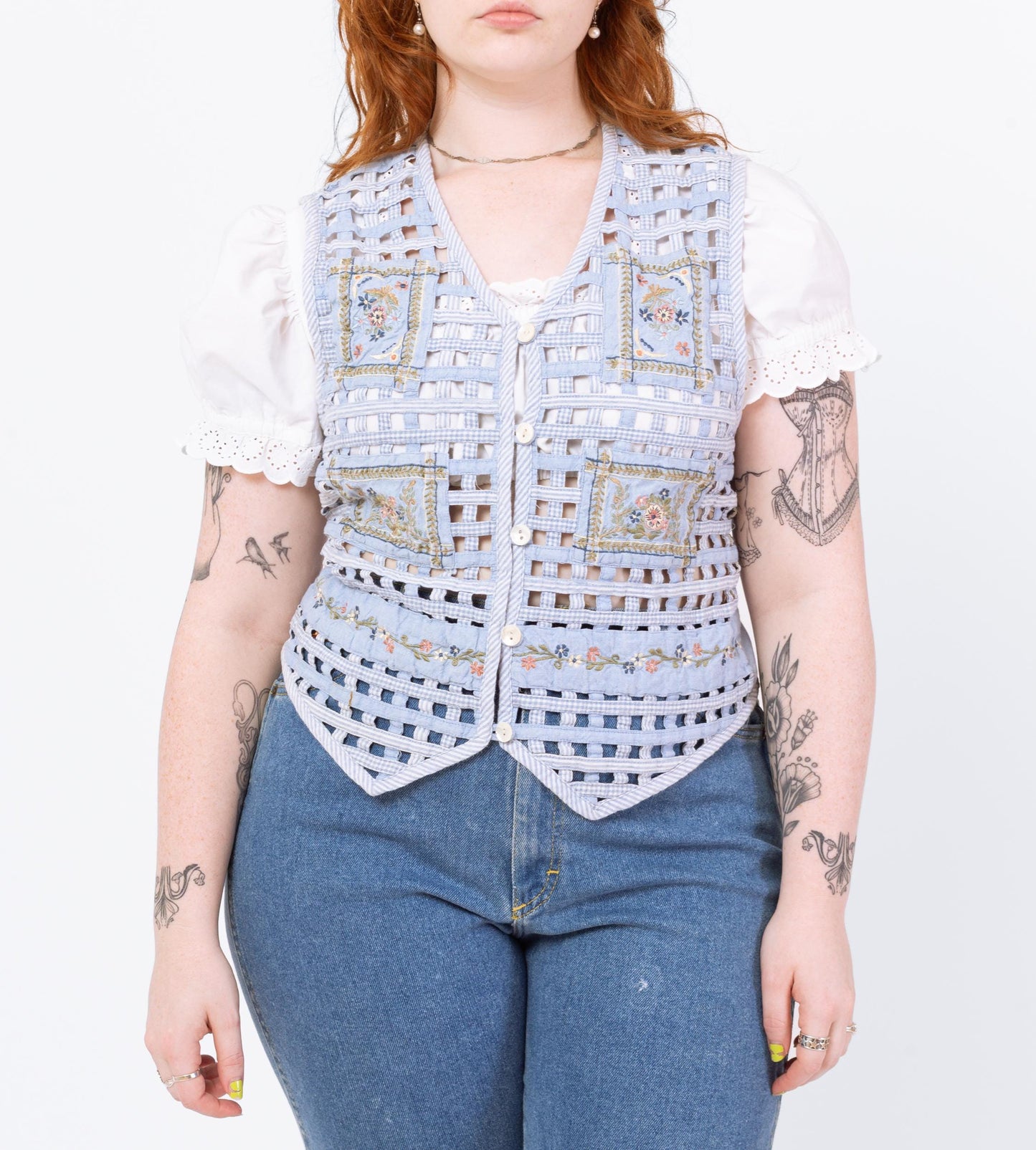 Vintage 90s Chambray Floral Lattice Vest - Medium | Boho Cottagecore Blue Sleeveless Button Up Folk Top