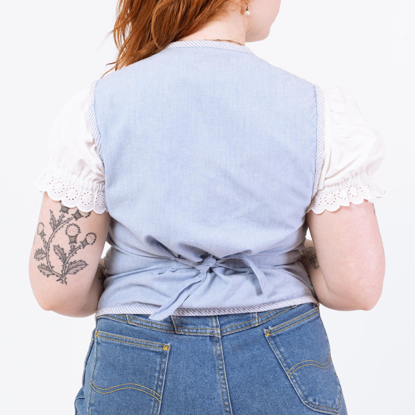Vintage 90s Chambray Floral Lattice Vest - Medium | Boho Cottagecore Blue Sleeveless Button Up Folk Top
