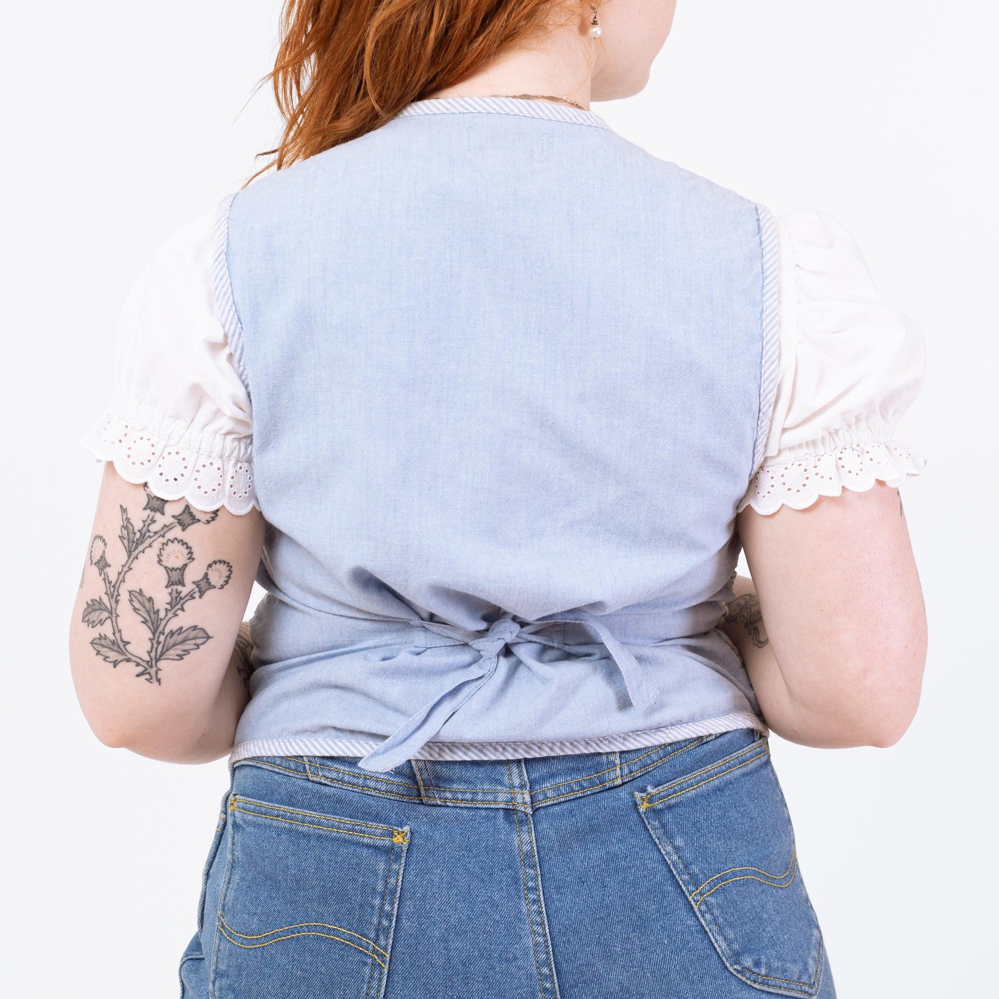 Vintage 90s Chambray Floral Lattice Vest - Medium | Boho Cottagecore Blue Sleeveless Button Up Folk Top