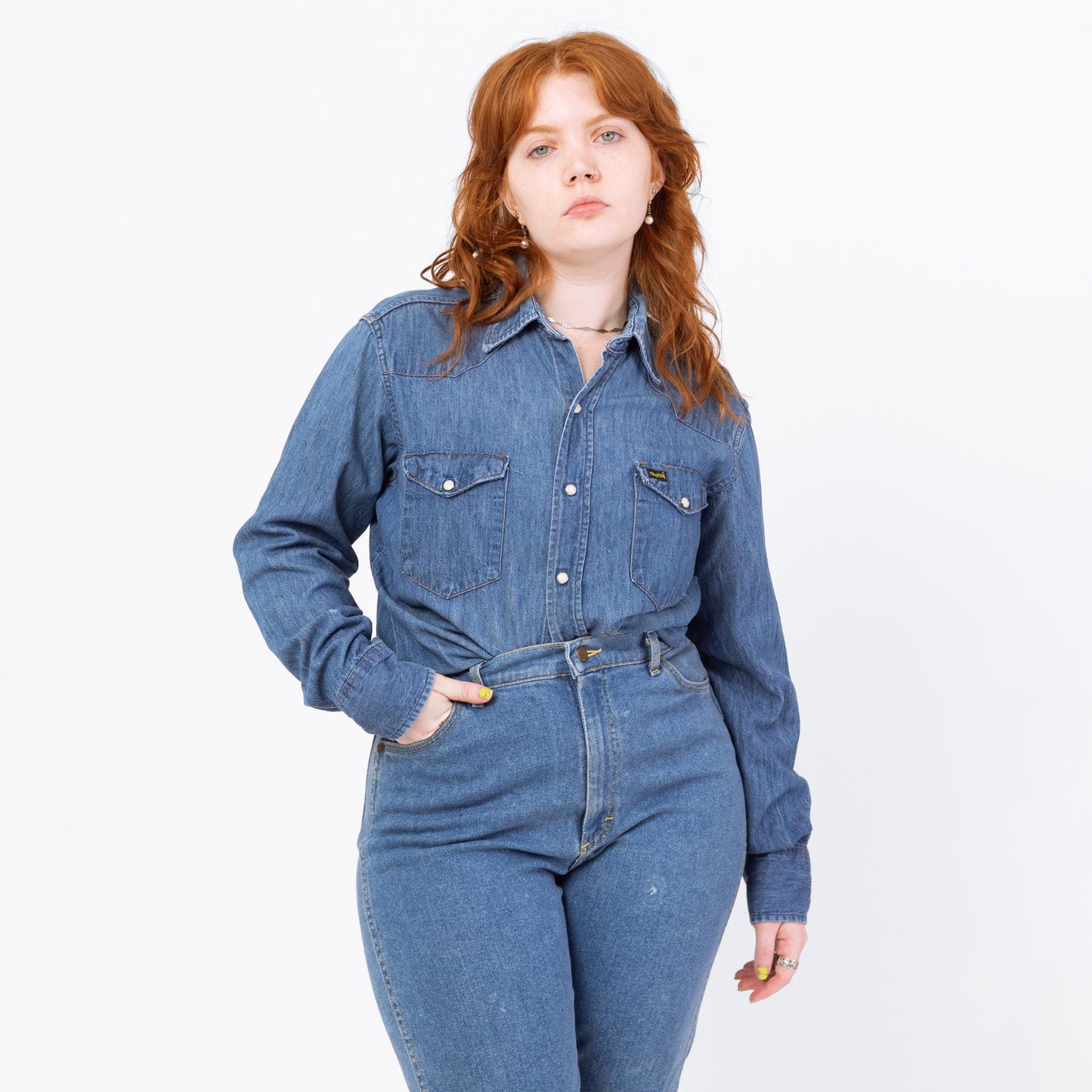 Vintage 70s Maverick Denim Pearl Snap Western Shirt - Men's Medium, Women's Large | Distressed Cowboy Blue Jean Workwear Top