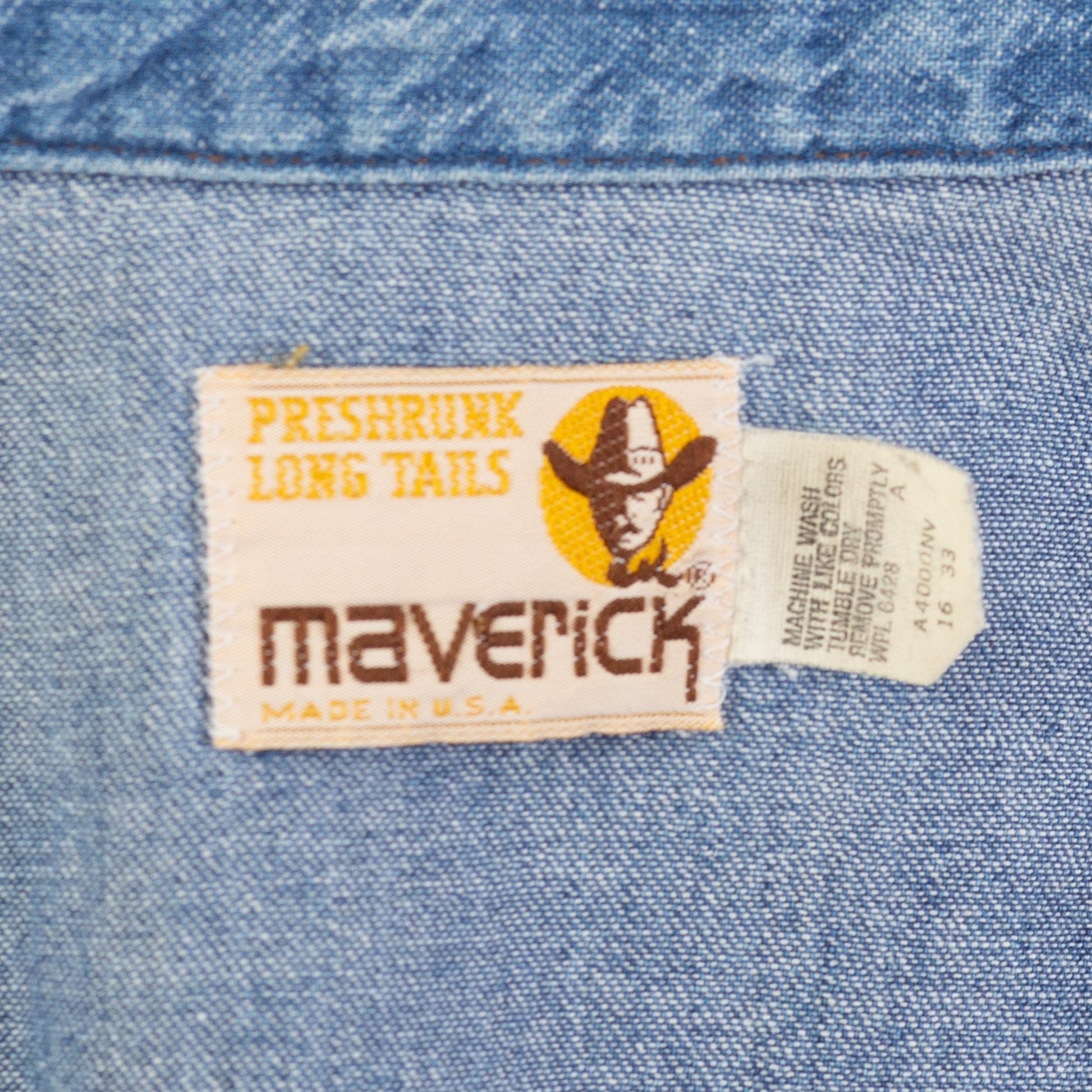 Vintage 70s Maverick Denim Pearl Snap Western Shirt - Men's Medium, Women's Large | Distressed Cowboy Blue Jean Workwear Top