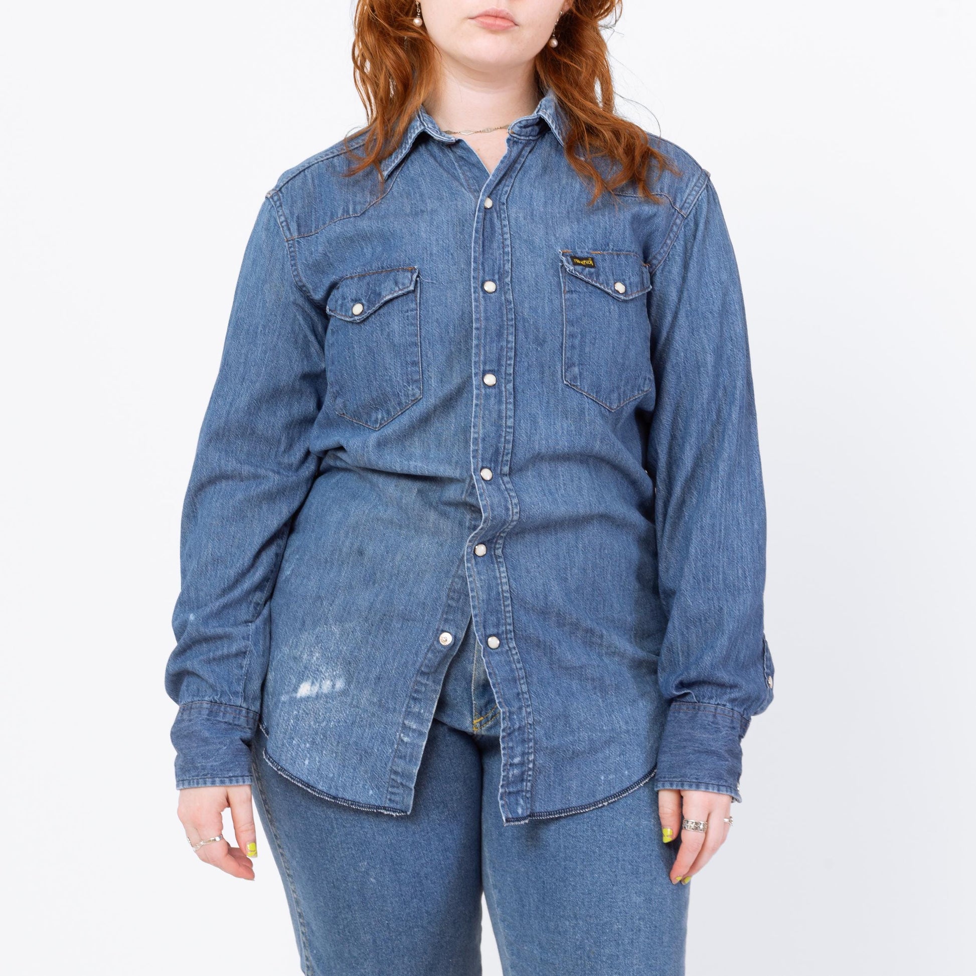 Vintage 70s Maverick Denim Pearl Snap Western Shirt - Men's Medium, Women's Large | Distressed Cowboy Blue Jean Workwear Top