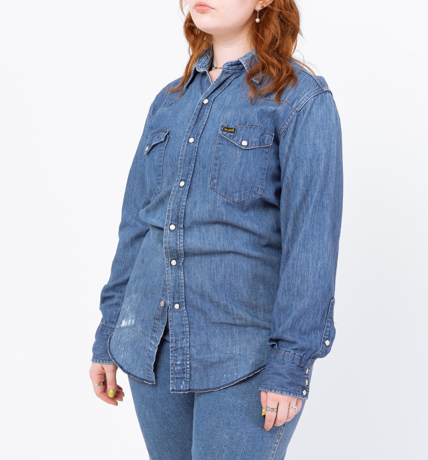 Vintage 70s Maverick Denim Pearl Snap Western Shirt - Men's Medium, Women's Large | Distressed Cowboy Blue Jean Workwear Top