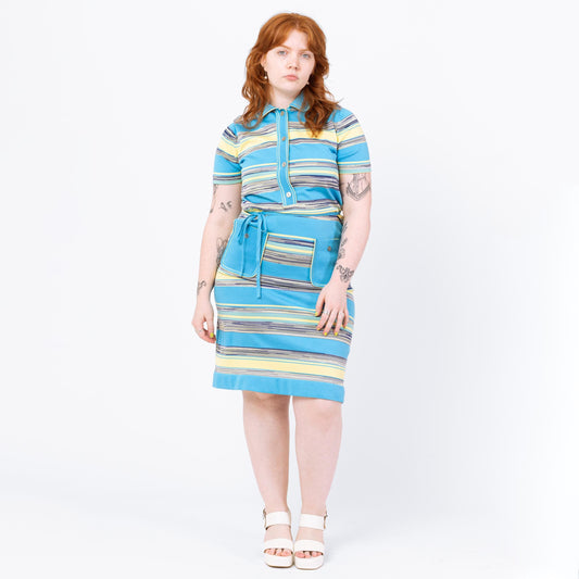 Vintage 60s 70s Mod Blue Space Dye Striped Midi Dress - Medium | Preppy Knee Length Belted Sleeveless Shirtdress