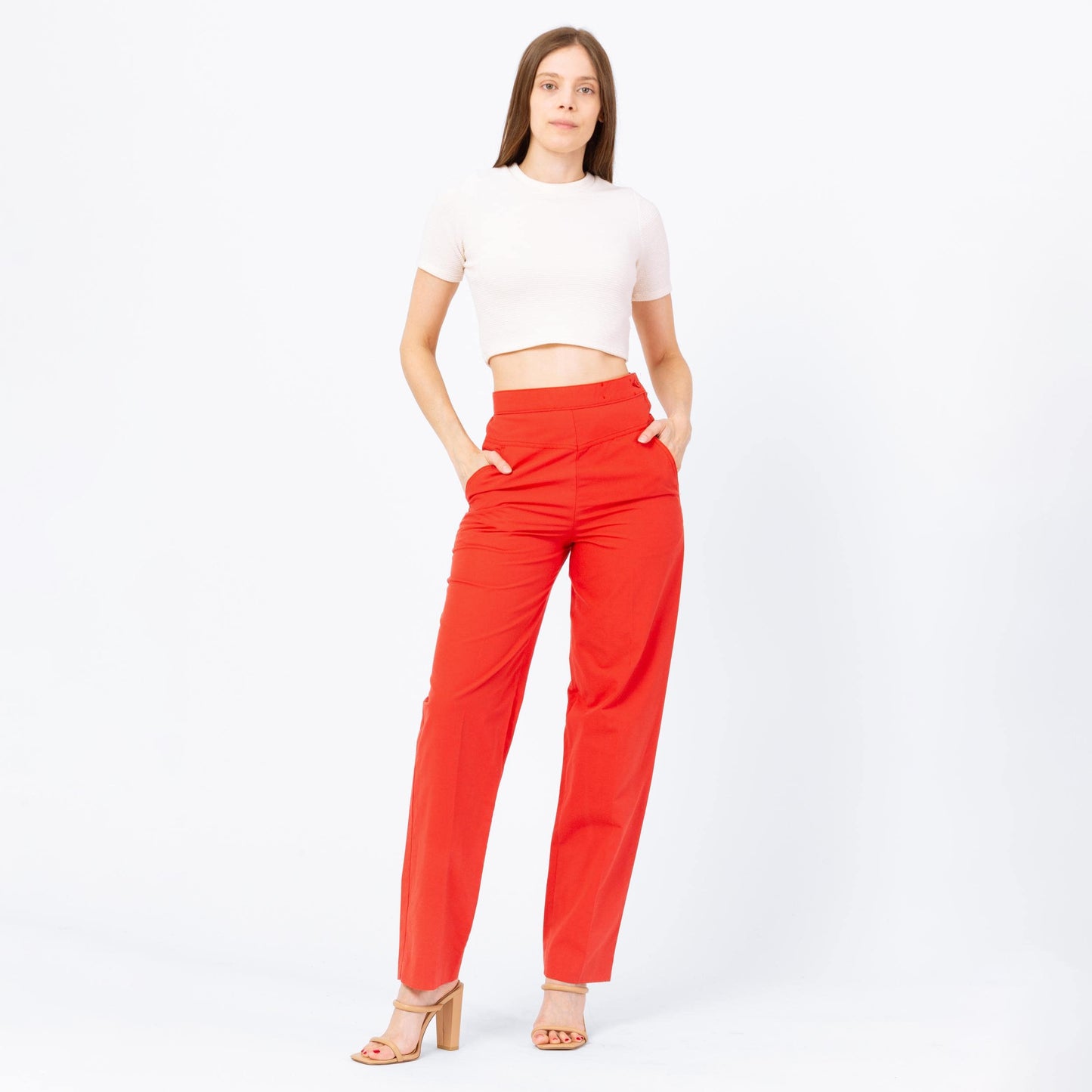 Vintage 70s Levi's Tomato Red Yoked Waist Pants - Small, 26" Waist | High Rise Tapered Leg Trousers