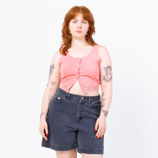 Vintage 80s Pink Cotton Crochet Trim Cropped Tank - Medium | Boho Sleeveless Button Up Crop Top