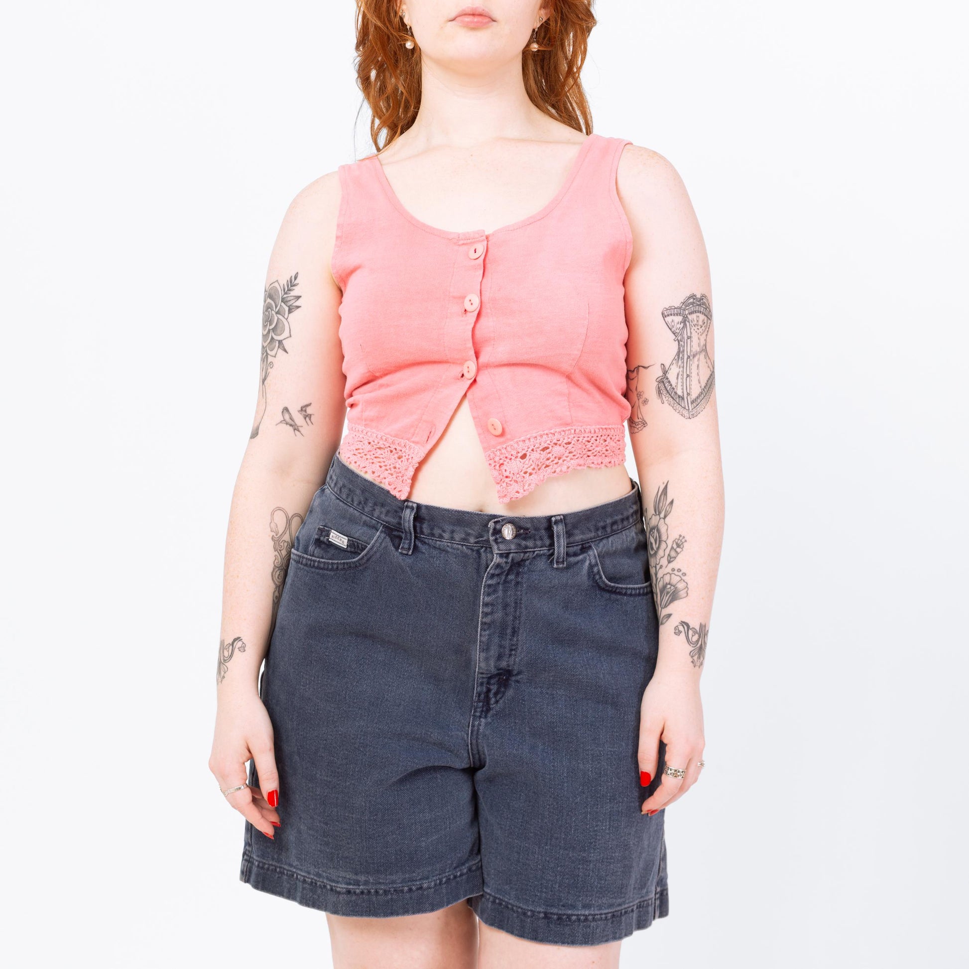Vintage 80s Pink Cotton Crochet Trim Cropped Tank - Medium | Boho Sleeveless Button Up Crop Top